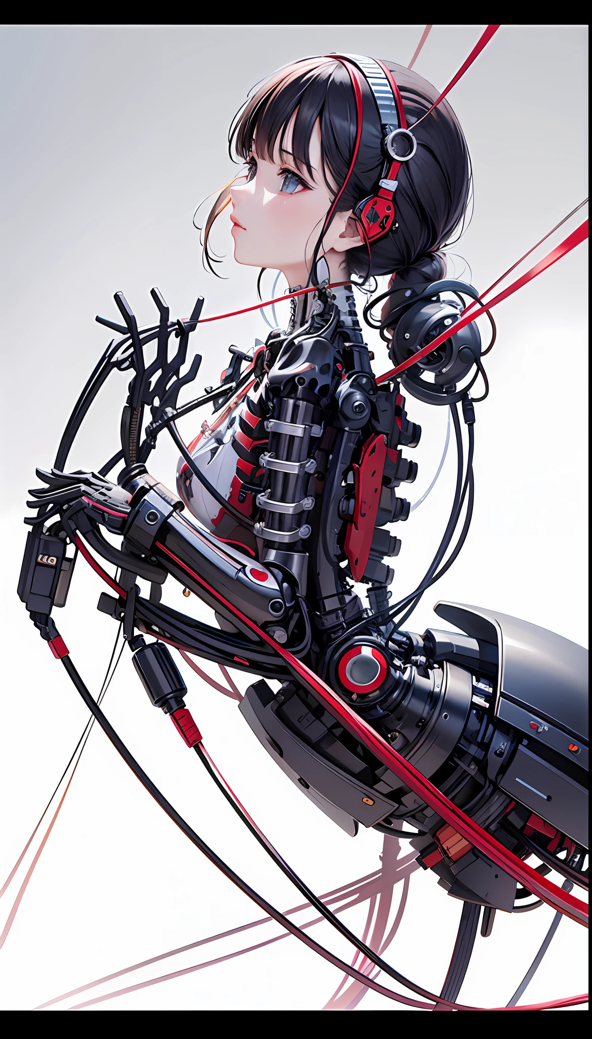 (Masterpiece, Top Quality, Best Quality, Official Art, Beautiful Indulgence: 1.2), (1 Girl: 1.3), Very Detailed, Colorful, Supreme Detail ((Ultra Detailed)), (Highly Detailed CG Illustration), (Very Delicate and Beautiful)), (From the Side), Cinematic Light, (1 Machine Girl)), Solo, Full Body, (Mechanical Joints: 1.2), ((Mechanical limbs)), (Blood vessels connected to tubes), ( Mechanical vertebrae attached to the back), ((Mechanical cervical vertebrae attached to the neck)), expressionless, (Wires and cables attached to the neck: 1.2), (Head wires and cables: 1.2) (Character focus), (Lower body integrated with mechanical devices), Science fiction, White background, (Blood: 1.5), cruelty, absurdity, erotic rotesque, fusion with machines