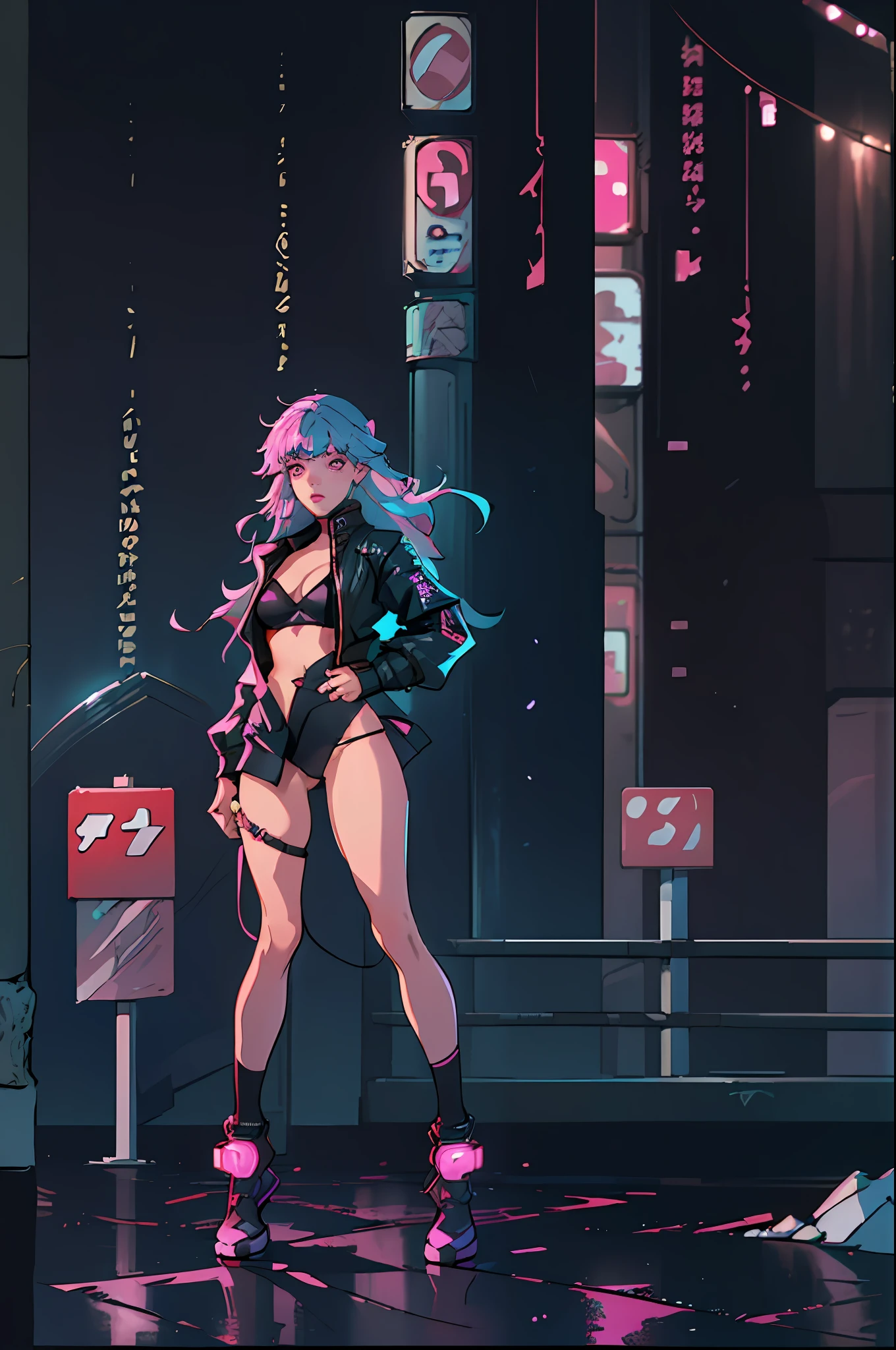 (best quality, masterpiece1.2), (detailed eye:1.2), complex detail, depth of field, 1girl, city, cyberpunk, neon, neon lights, night, moon, three-quarter view, breasts, thong, full body, cleavage