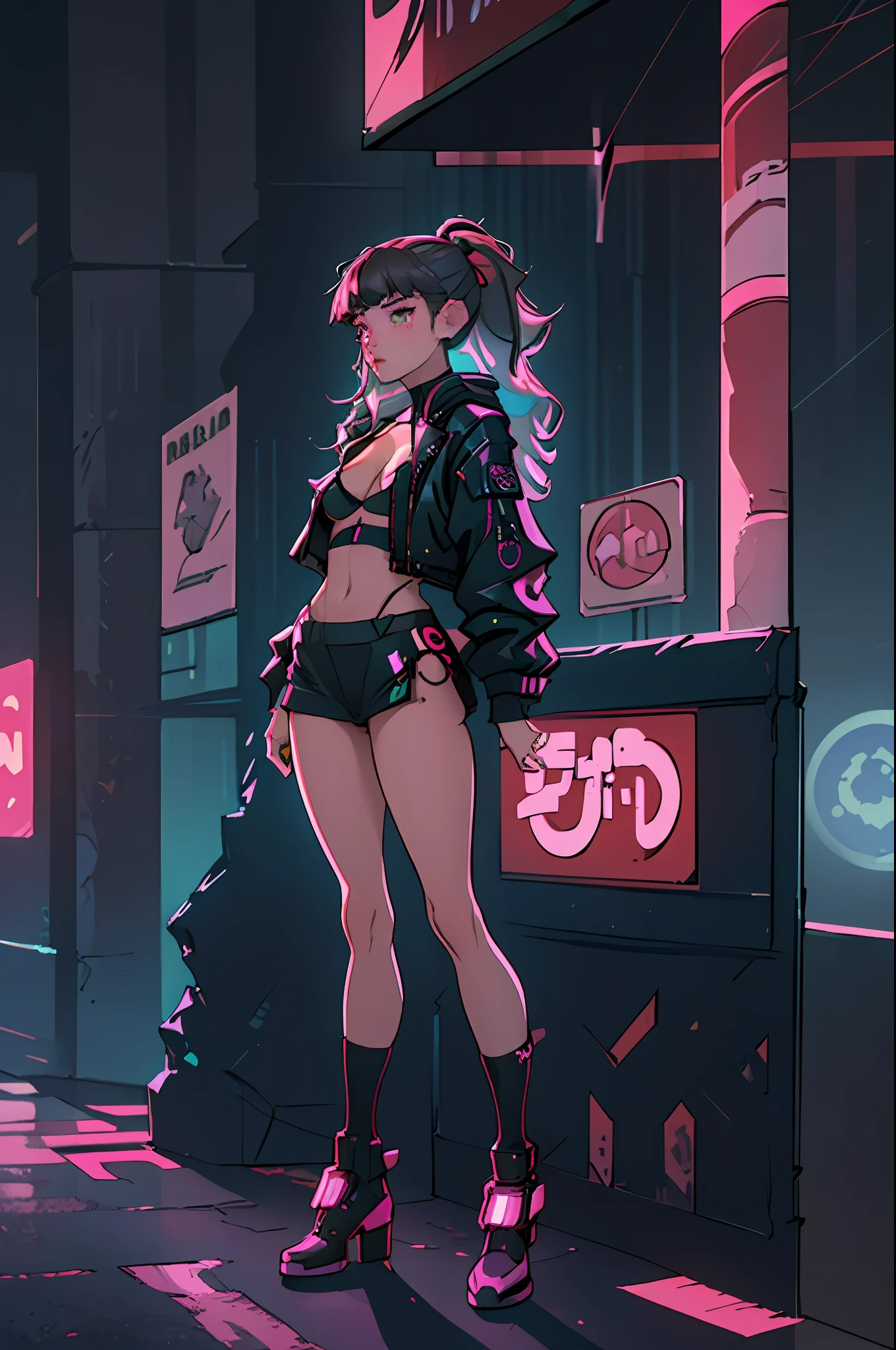 (best quality, masterpiece1.2), (detailed eye:1.2), complex detail, depth of field, 1girl, city, cyberpunk, neon, neon lights, night, moon, three-quarter view, breasts, thong, full body, cleavage