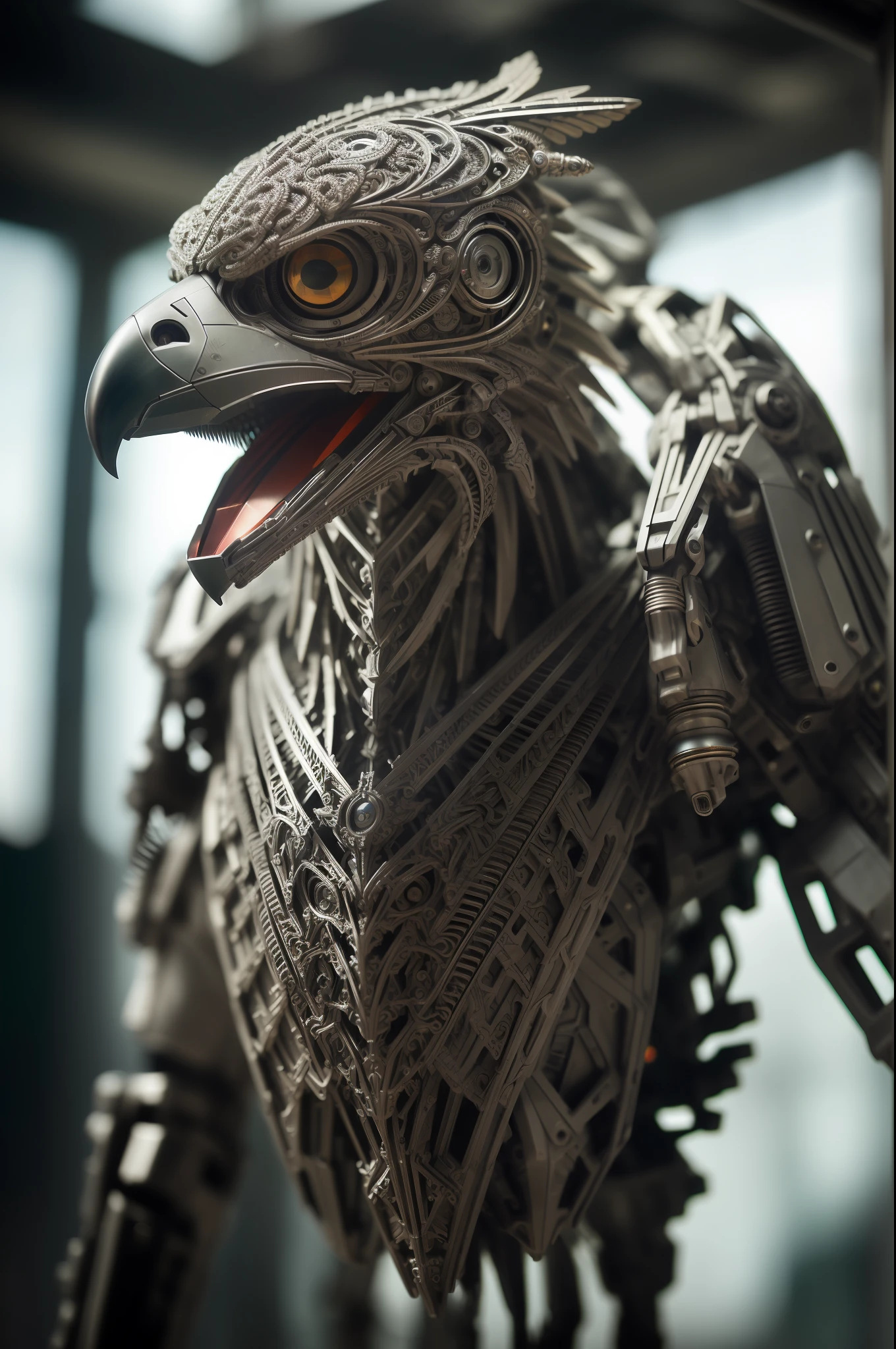 RAW photo, imposing falcon, made of metal, hybrid cyborg ((half natural body half cyborg)), cyberpunk style, (((intricate details)), hdr, ((intricate details, hyperdetailed)), cinematic shot, vignette, (highly detailed skin: 1.2), 8k uhd, dslr, high quality, film grain, Fujifilm XT3