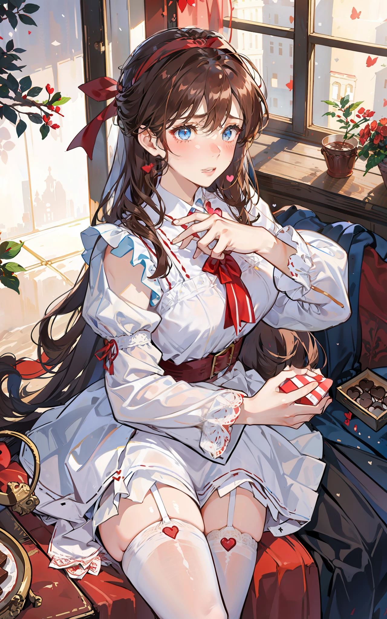 Girl with brown hair and blue eyes, holding with both hands a box of chocolates in the shape of a heart, offering gift with both hands, shy look, blushing, dressed in a red apron and white blouse with lace and black count, red headband, white thigh stockings,