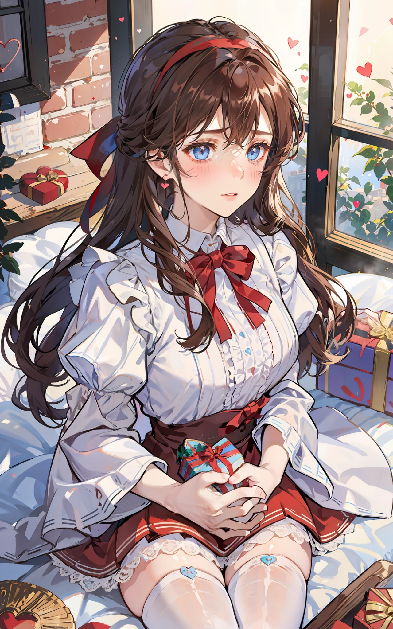 Girl with brown hair and blue eyes, holding with both hands a box of chocolates in the shape of a heart, offering gift with both hands, shy look, blushing, dressed in a red apron and white blouse with lace and black count, red headband, white thigh stockings,