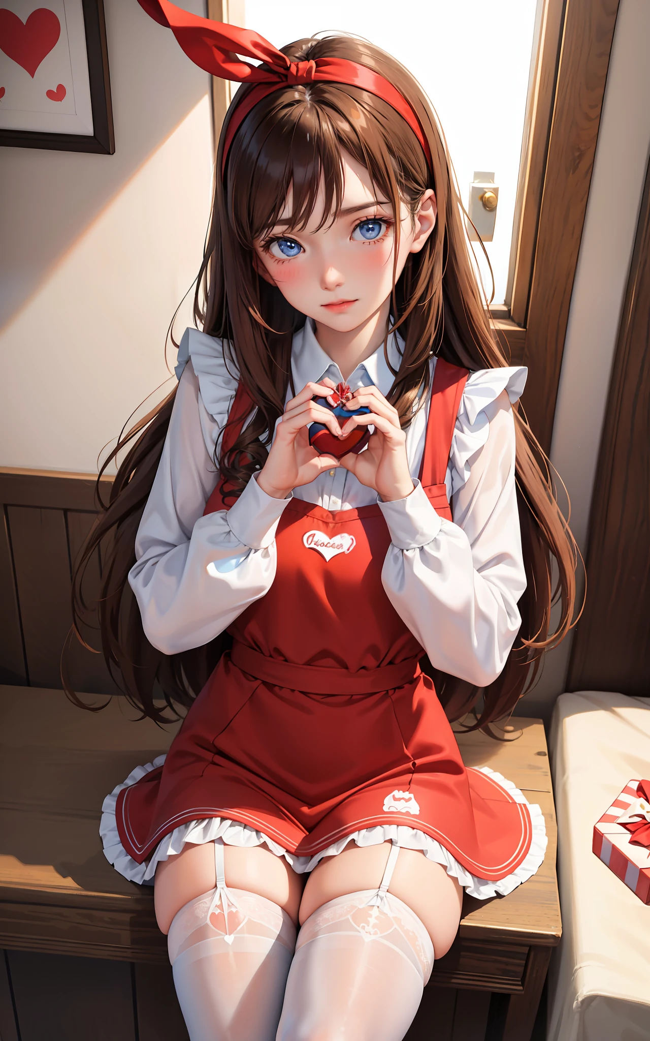 Girl with brown hair and blue eyes, holding with both hands a box of chocolates in the shape of a heart, offering gift with both hands, shy look, blushing, dressed in a red apron and white blouse with lace and black count, red headband, white thigh stockings,