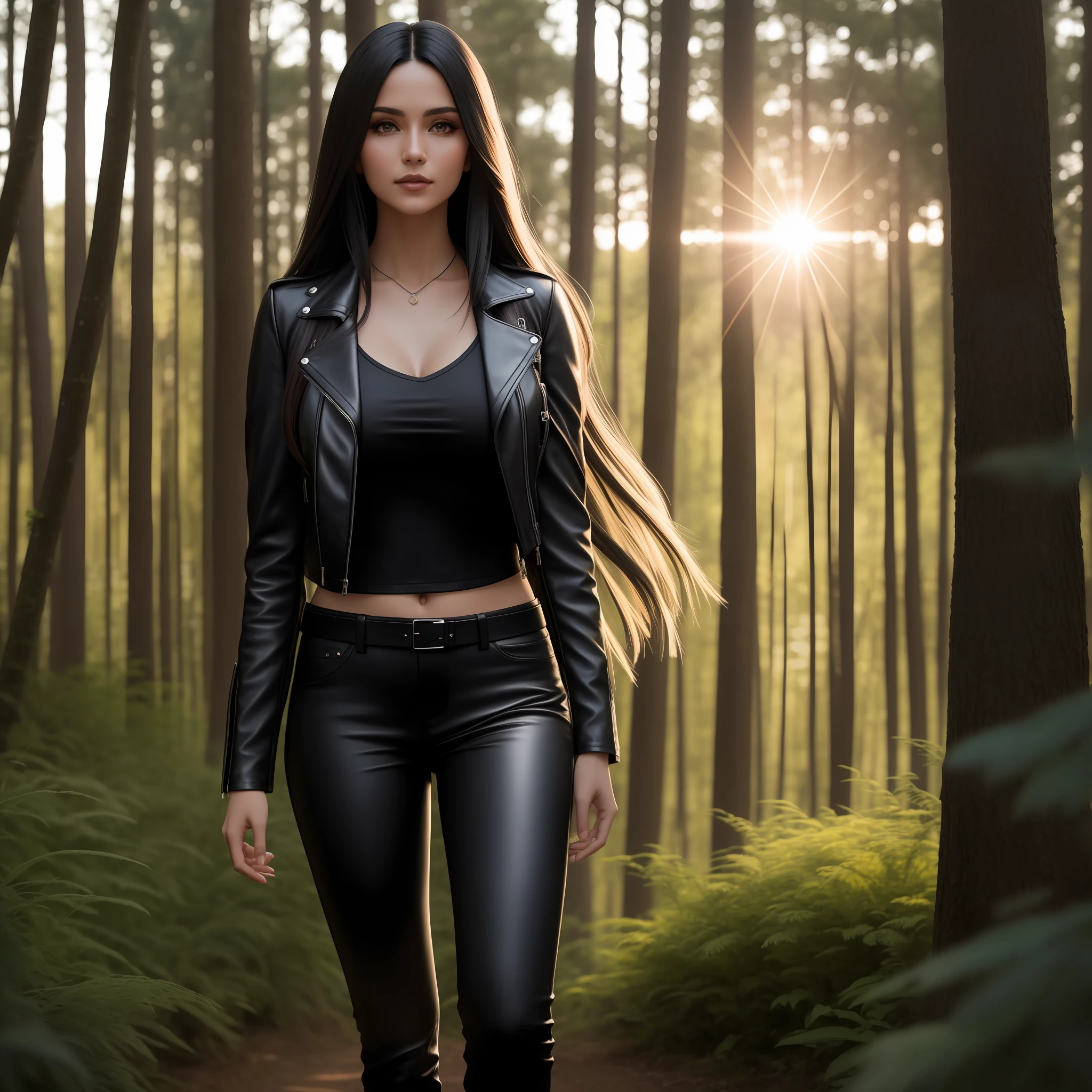 A fringed woman with long hair, sexy look, wearing black leather clothes, pants, boots, T-shirt, leather jacket, she is standing in a forest, her chin is pointed, her eyes light brown. ultra realistic image, 8k uhd, dslr, soft_lighting, best_quality, Fujifilm_XT3, high_resolution, shot on a Canon EOS R5, F/2.8, HDR, ray tracing, bloom, ambient_oscillation, godrays, sun flare,