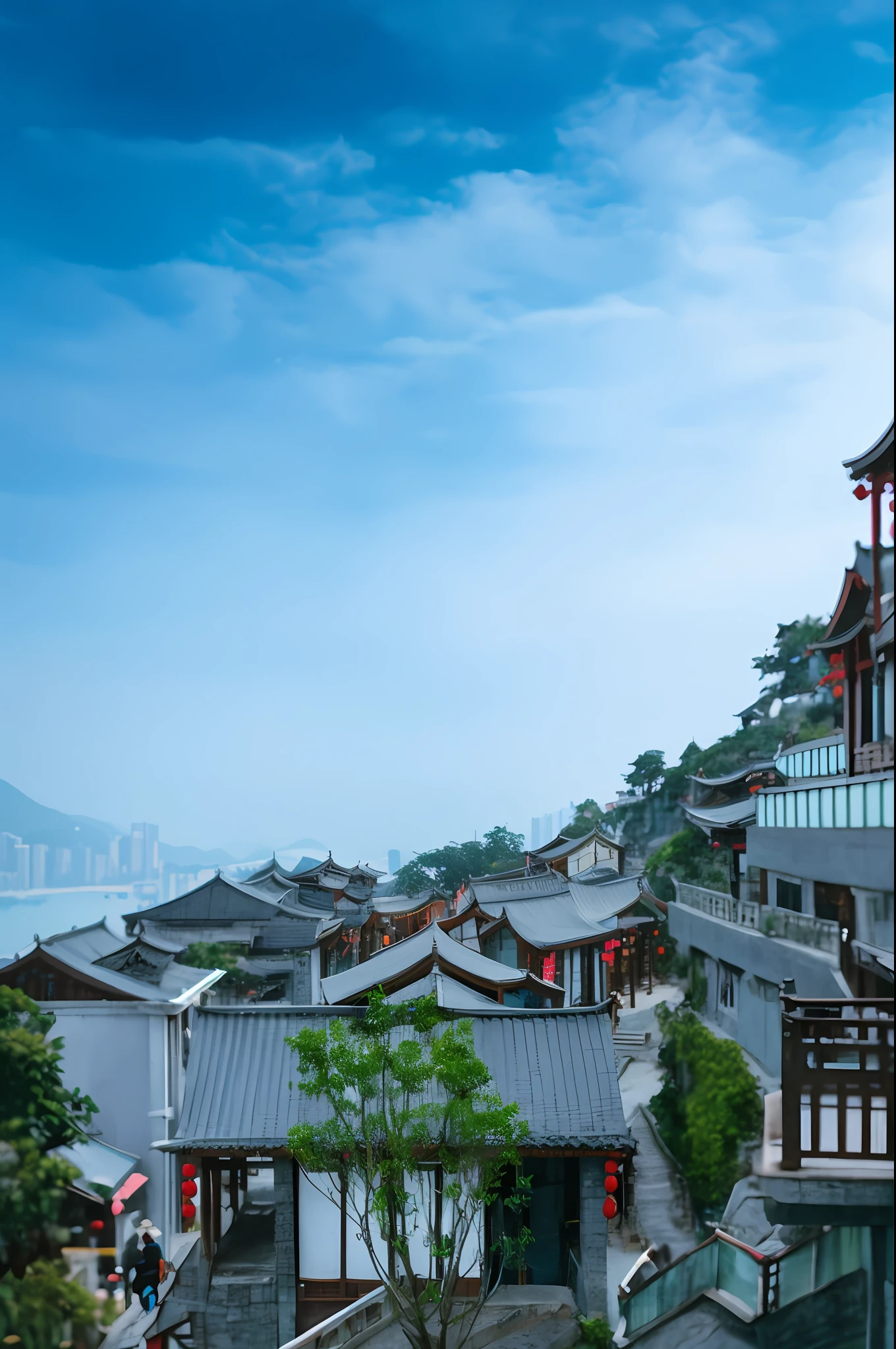 there is a view of a town with a clock tower, dreamy chinese town, ancient chinese architecture, like jiufen, chinese architecture, peaked wooden roofs, chinese village, city like hong kong, guangjian, taoist temples and monks, hong kong buildings, residential area, hong kong, ancient city landscape, old asian village, in hong kong, traditional korean city