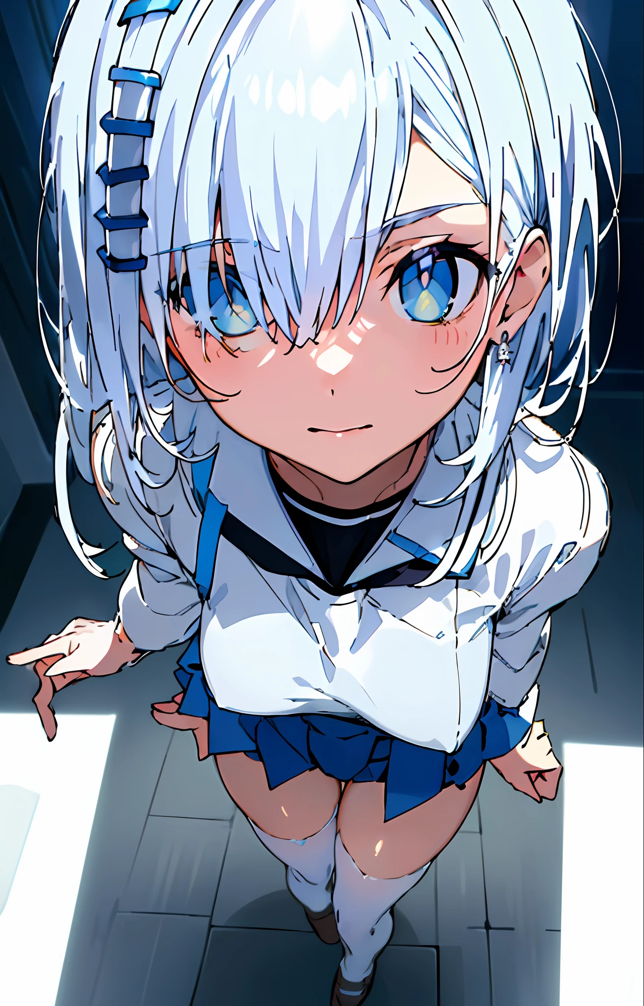 (masterpiece, best quality, highres, absurdres, detailed background, best illumination, bloom, lighting on face, beautiful eyes, shiny hair, perfect face, lustrous skin), 1girl, looking at viewer, upper body, focus on face, wide_angle, wide shot, Fashionable clothing, sing braid, hair over one eye, (hair ornament), earpiece, long hair, ((panties)), white lace, white hair, shiny hair, large_breasts, action_pose, futuristic city,  ((white school uniform)), school bag, white serafuku, white shirt, spread legs, modern_furniture, bedroom,  condom wrapper, white thighhighs, black school shoes, wearing shoes, ikea, from bottom,