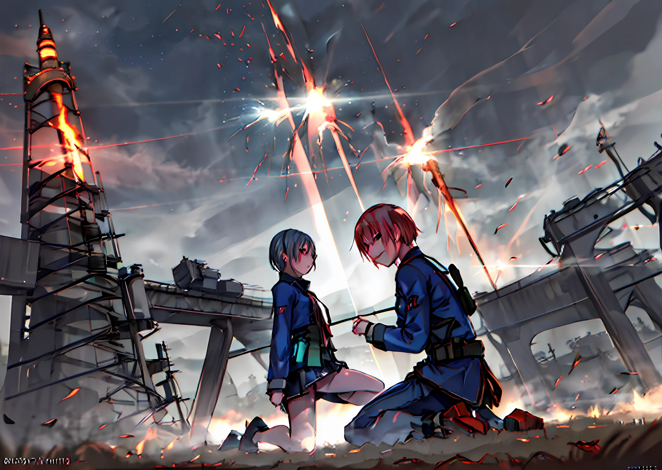 Realistic photo, fake smile, atmospheric battle background, kneeling minato, fire in the background, suspenseful look, with lots of lightning in the background, realistic photo, 8k quality, complex lighting, intense weather