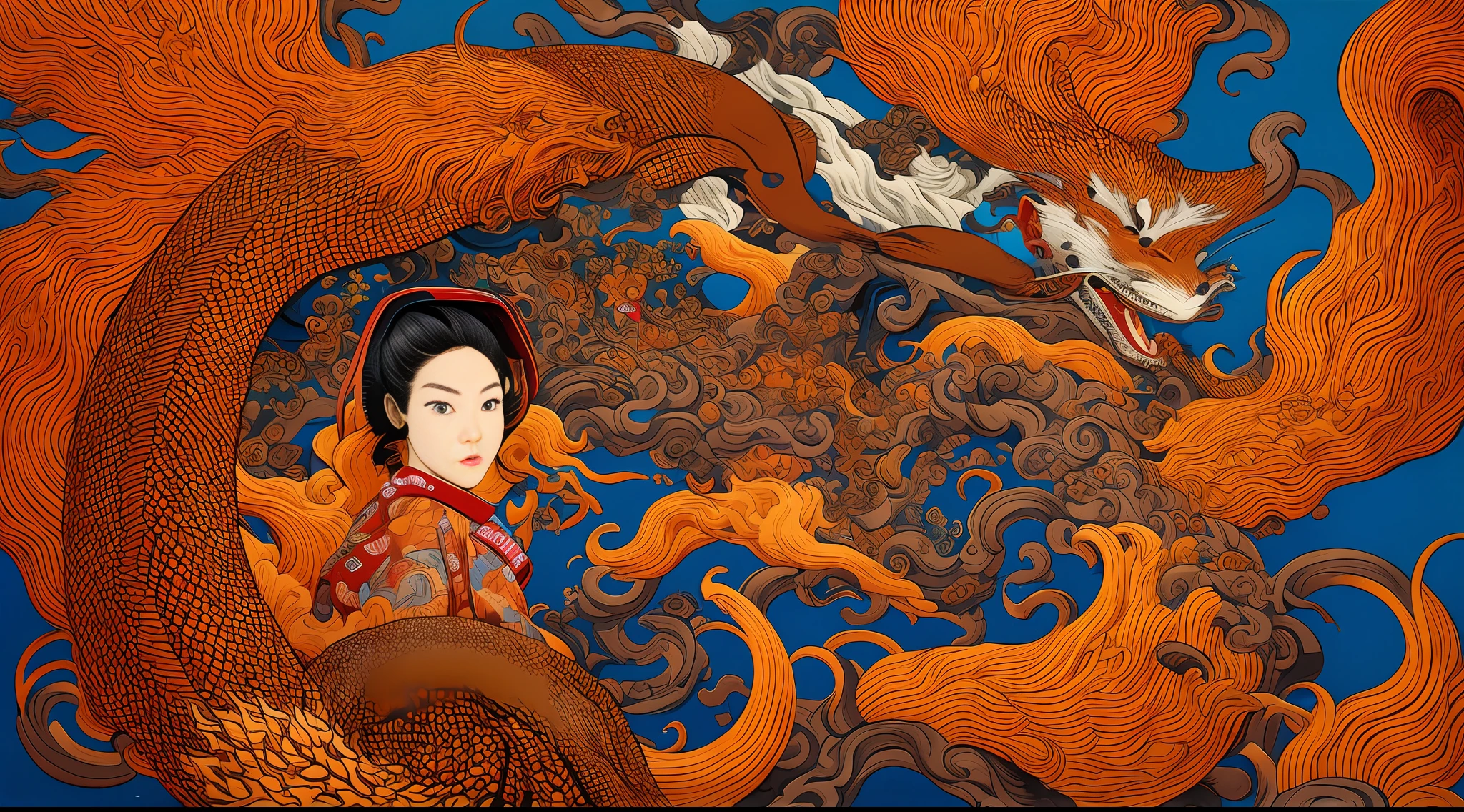 art style by [Hokusai + Moebius + Tristan Eaton + michael hutter + sandy skoglund], an 18-year-old girl, Nine-tailed fox,an ultrafine detailed painting