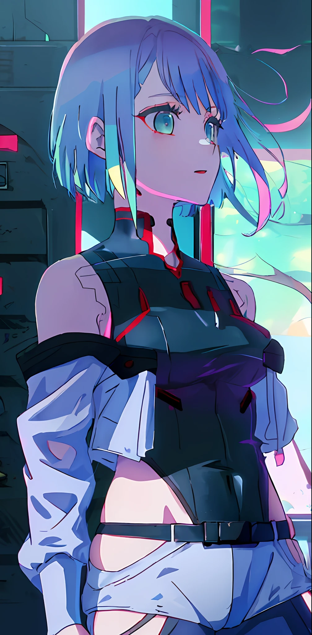 1girl, solo, multicolored hair, dark blue hair, gradient hair, black sleeveless top, red trim, bare shoulders, silver jacket no shoulders, black pants