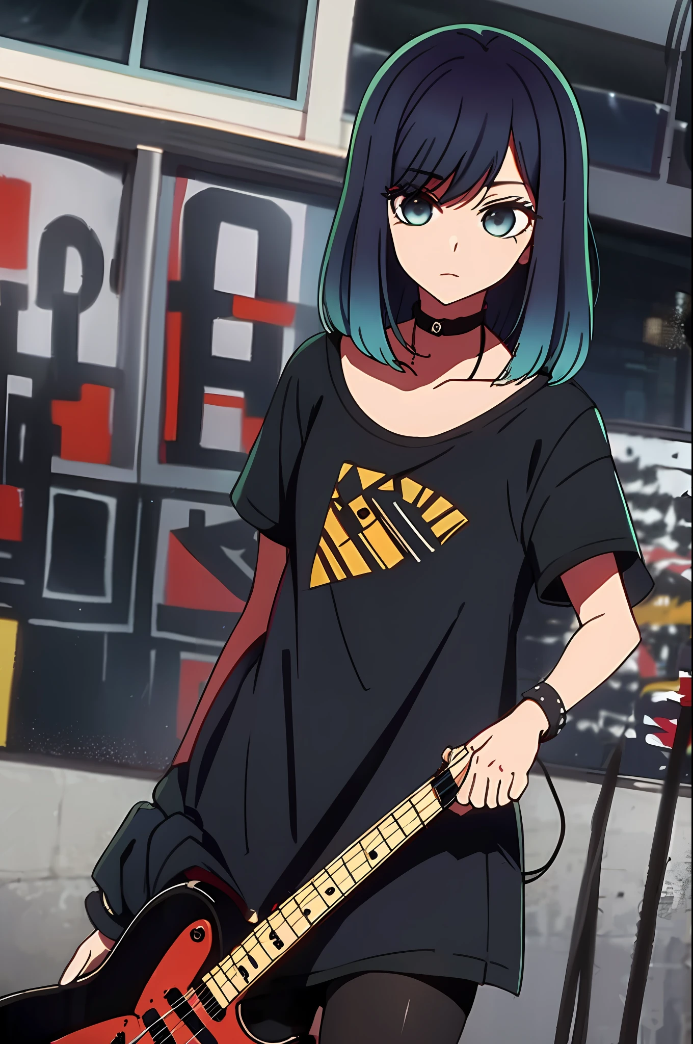 best quality, high resolution, emo, mascara, black t-shirt, black skirt, pantyhose, high shoes, concert, black telecaster, guitar, studio, amplifier, messy room, cable, night, choker, piercings, Heavy eyeliner, dark eye make up, Pale complexion, spikes accessories, wristbands, complex baground, Flashing, Graffiti, Drinks,Posters, Backdrop, Soundboard, Underground, Crowded, Loud, Sweaty, Energetic, Moshing, narrow, indoor, black clothes