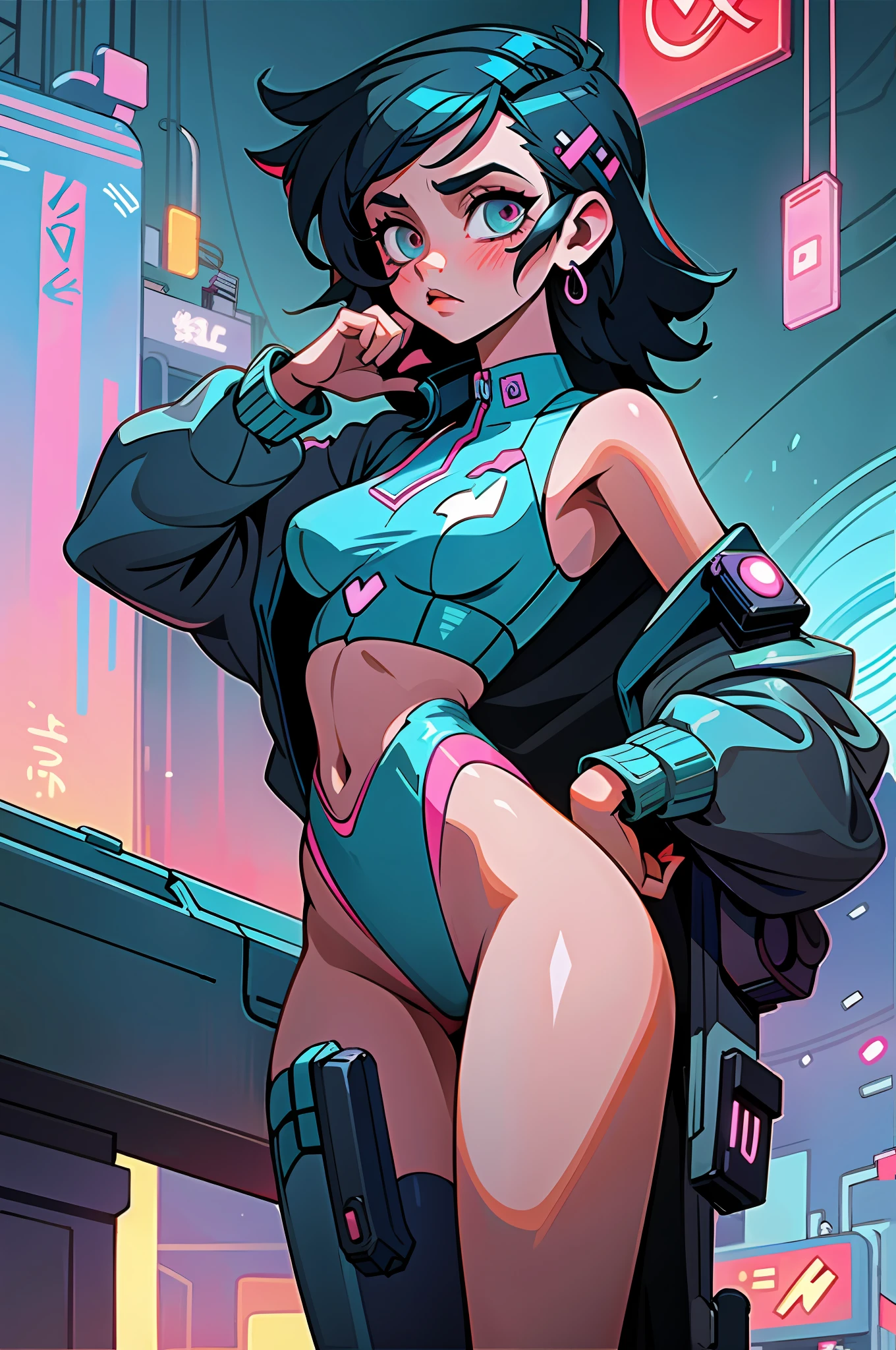 (best quality, masterpiece), 1girl, cyberpunk, neon, cloudy sky, (cartoon:1.5), sexy, thong,