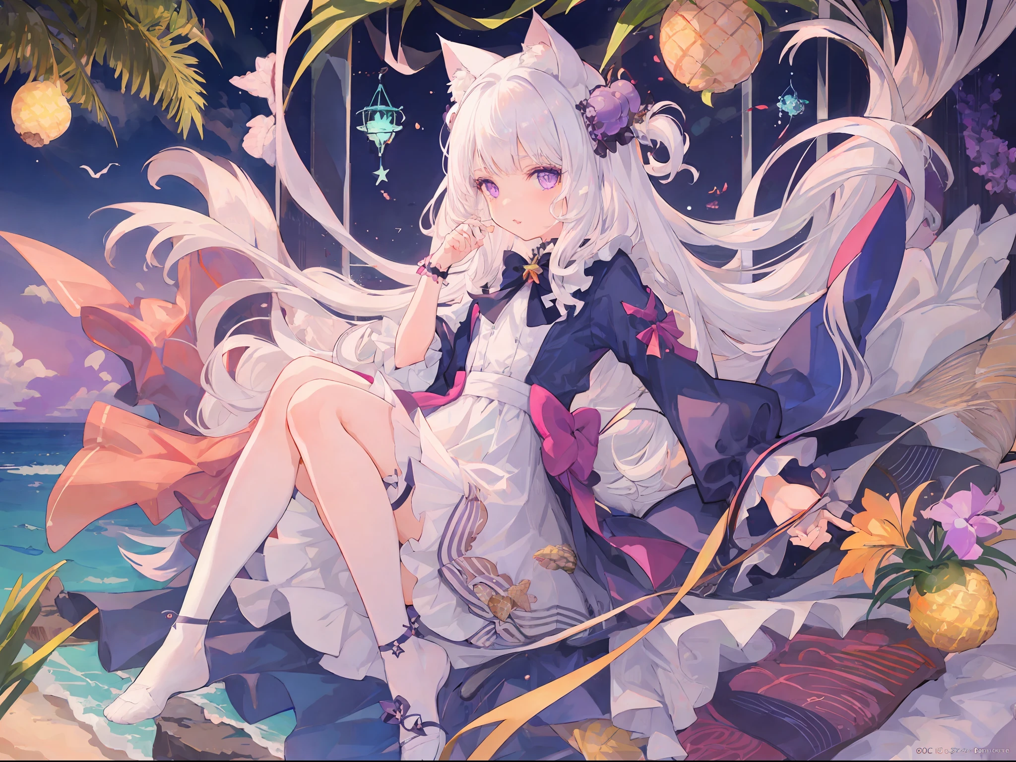 1girl, solo, white hair, violet eyes, masterpiece, best quality, looking at around, full body, adult, cat ears, cat tail, detailed, small breasts, stylish outfit, peach clothes, pineapple, tropical, sunny, ocean