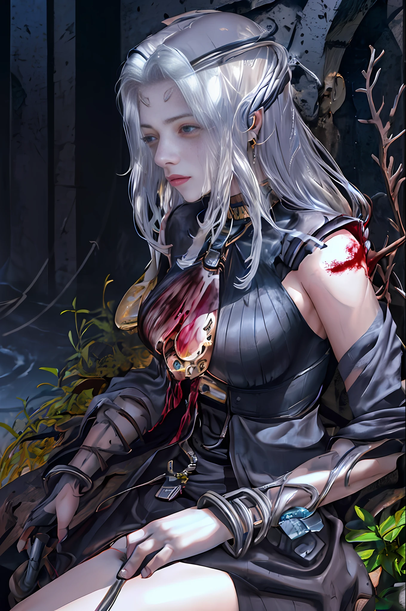 1mechanical girl,((ultra realistic details)), portrait, global illumination, shadows, octane render, 8k, ultra sharp,metal,intricate, ornaments detailed, cold colors, egypician detail, highly intricate details, realistic light, trending on cgsociety, glowing eyes, facing camera, neon details, machanical limbs,blood vessels connected to tubes,mechanical vertebra attaching to back,mechanical cervial attaching to neck,sitting,wires and cables connecting to head
