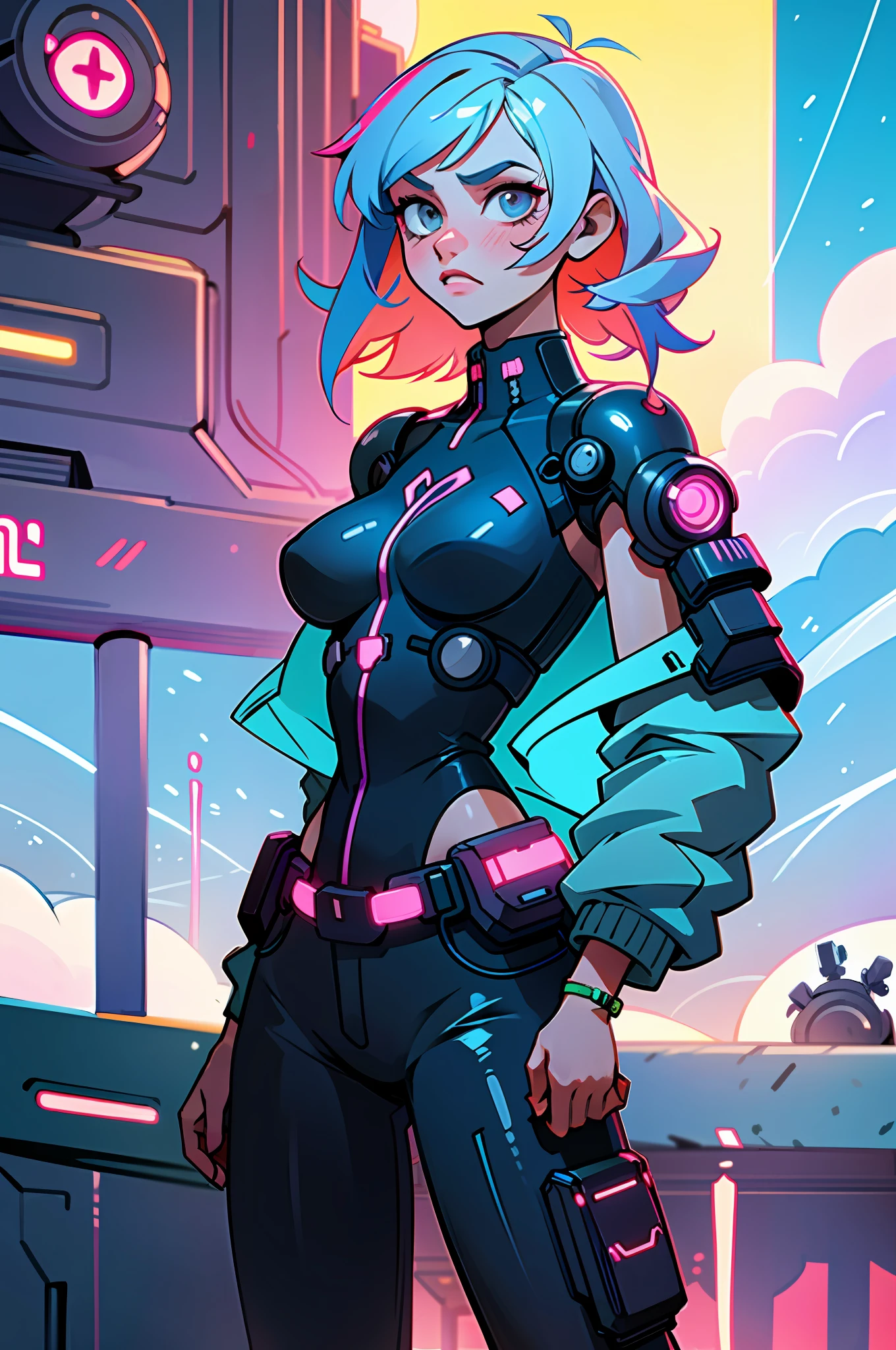 (best quality, masterpiece), 1girl, cyberpunk, neon, cloudy sky, (cartoon: 1.5), sexy, string, big breast, tight, small