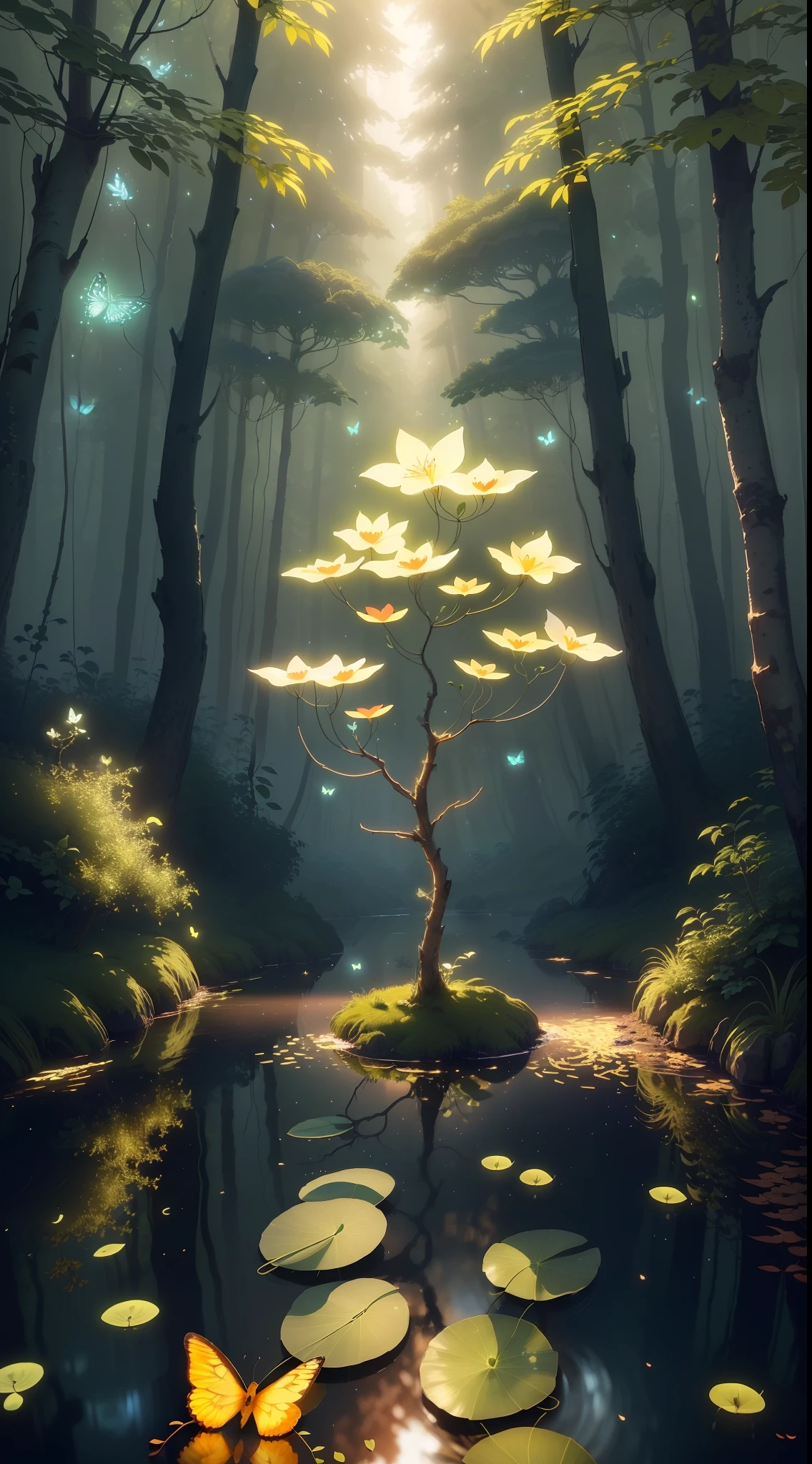 A masterpiece, the best quality, stunning reflections, the best reflections ever. (very detailed CG unity 8k wallpapers), (best quality), (best illustrations), (best shadows), forest theme with natural elements. Tall trees, quiet streams, small glowing mushrooms surrounded by delicate leaves and branches, with fireflies and glowing particle effects,, (natural elements), (jungle theme), (leaves), (twigs), (fireflies), butterflies, (delicate leaves), (glow), (particle effects). , Isometric 3D, Octane Rendering, Ray Traced, Super Detailed