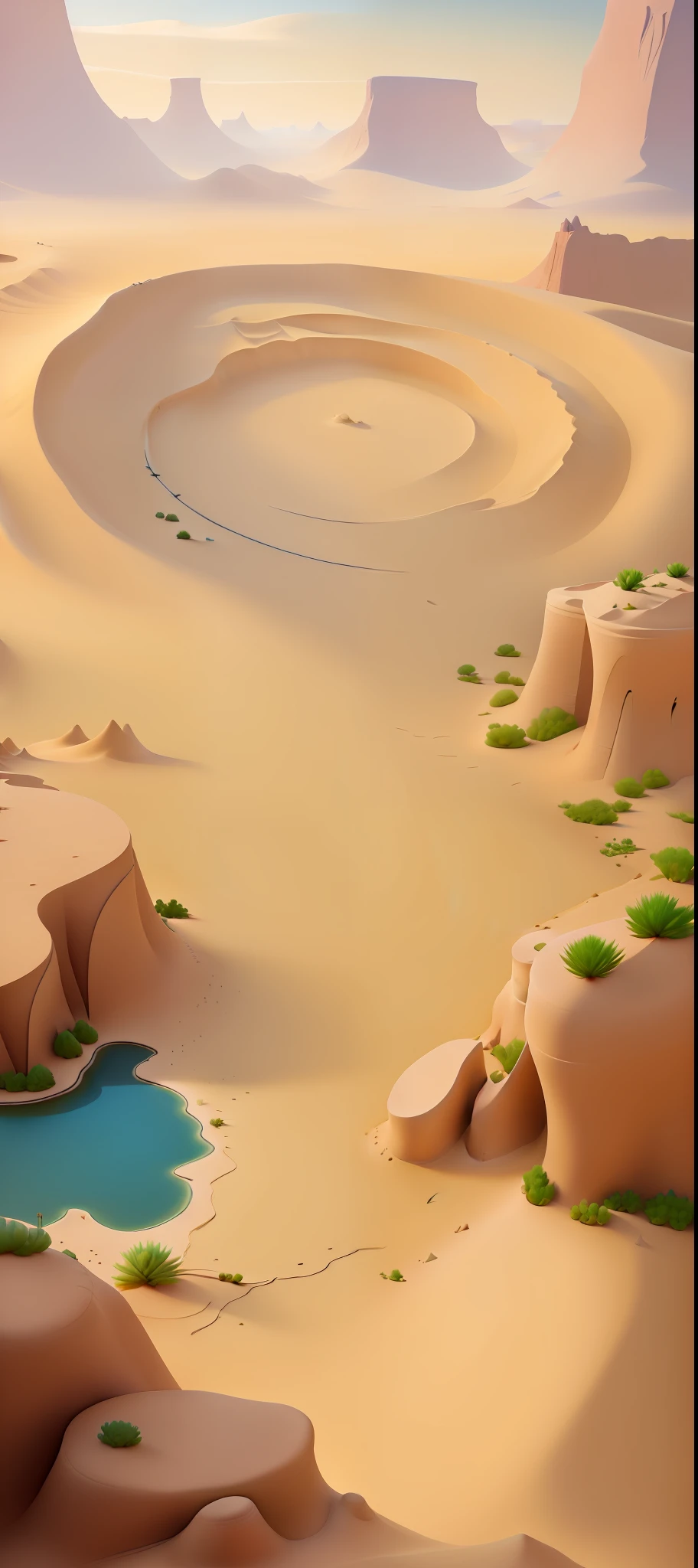 there is a cartoon picture of a desert with a river, sand and desert environment, desert environment, stylized concept art, desert background, desert oasis background, sand desert fantasy, painted as a game concept art, desert composition, somewhere in sands of the desert, desert lands, canyon background, desert wasteland, low detailed. digital painting, 3 d render stylized