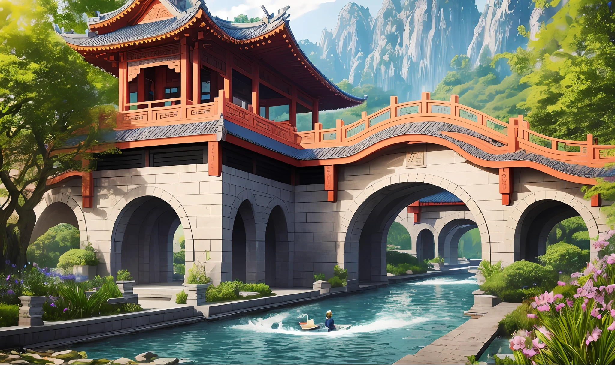 Masterpiece, best quality, high quality, extremely detailed CG unity 8k wallpaper, classical Chinese garden, landscape, amsterdam, pedestrian, outdoor, sky, daytime, landscape, water, tree, blue sky, waterfall, nature, lake, river, cloudy sky, award winning photography, bokeh, depth of field, HDR, bloom, chromatic aberration, realism, very detailed, trends on artstation, trends on CGsociety, intricate, high detail, dramatic, Midjourney art