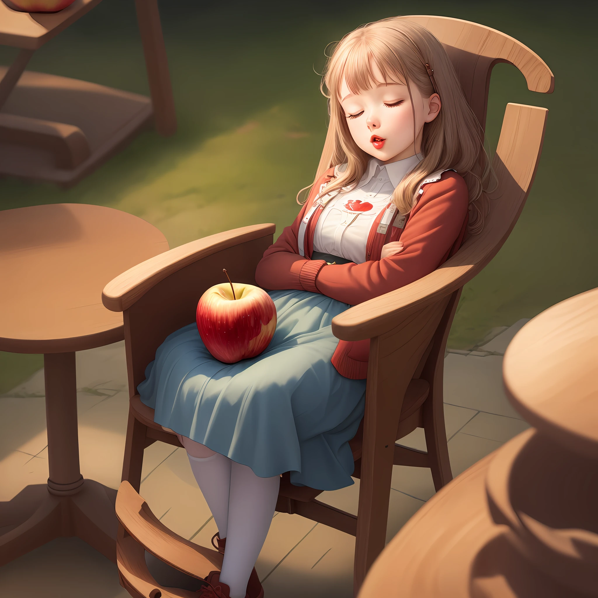 An apple slumped in a chair