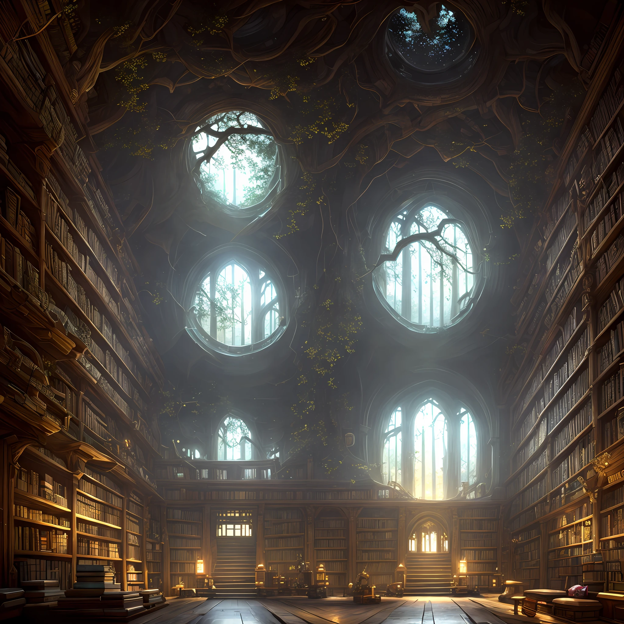 stars on ceiling, medium shot, cinematic interior photo of library beautiful giant tree growing in the middle of an ancient vast Victorian library indoors. a door is embedded in a tree. tree in a library. fantasy digital art, fantasy style art, fantasy hearthstone art style, fantasy game art by greg rutkowski, darksouls concept art, details, hyper-detailed, HD