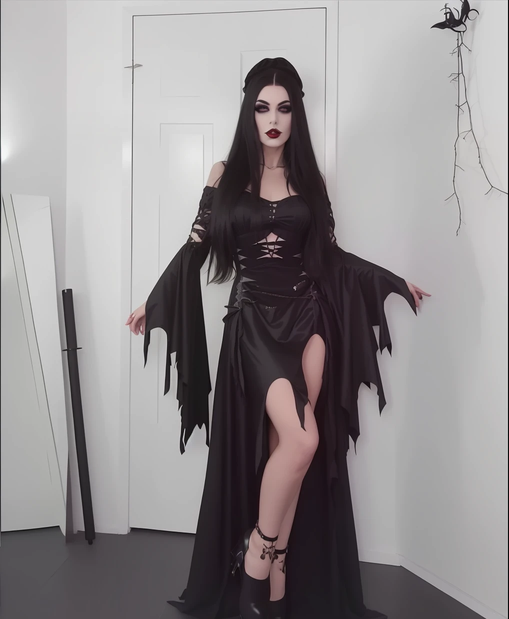 araffe dressed in a black dress and black shoes posing for a picture, dark goth queen, wearing a gothic dress, gothic horror vibes, gothic maiden of the dark, fashionable dark witch, gothic maiden, beautiful vampire queen, dark witch, beautiful vampire female queen, gothic outfit, an elegant gothic princess, dark gothic dress, gothic wraith maiden, wearing modern gothic clothes