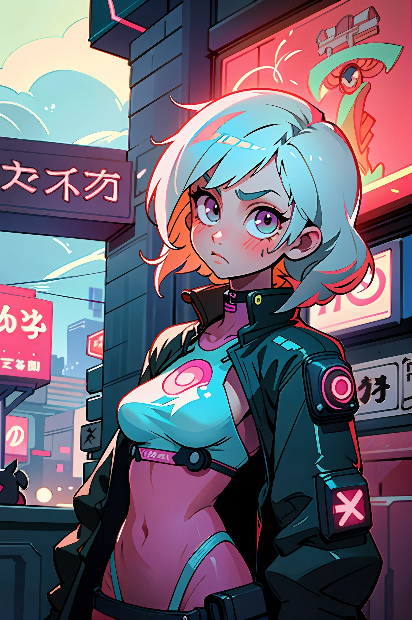(best quality, masterpiece), 1girl, cyberpunk, neon, cloudy sky, (cartoon:1.5), sexy, string, big breast, tight, petite, small, neon signs, ramen shop