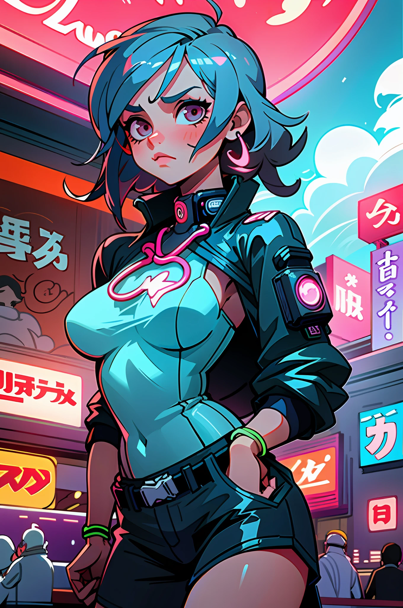 (best quality, masterpiece), 1girl, cyberpunk, neon, cloudy sky, (cartoon:1.5), sexy, string, big breast, tight, petite, small, neon signs, ramen shop