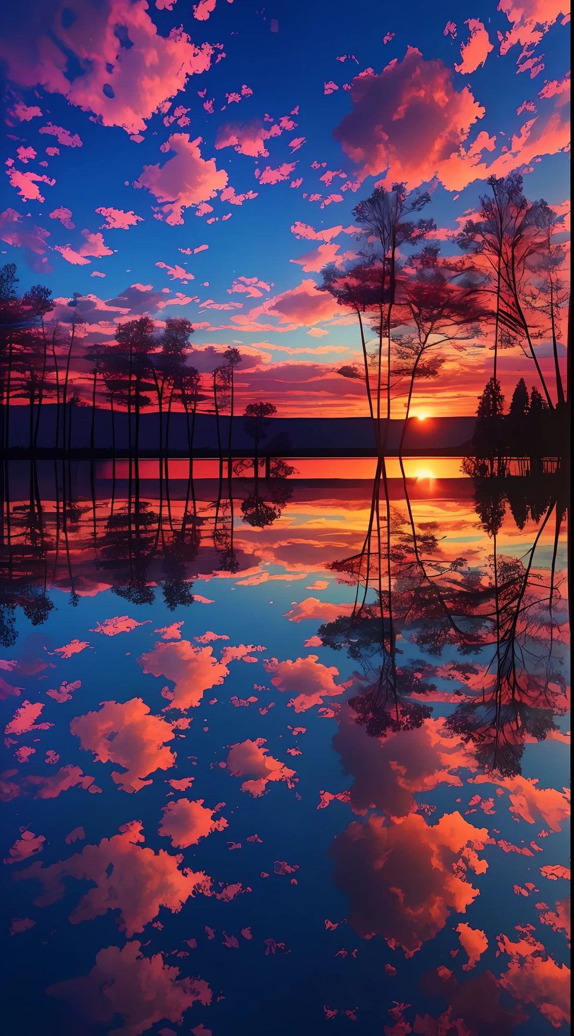 there is a beautiful sunset with a lake and trees in the background, colorful skies, surreal colors, colorful sunset, colorful sky, marvellous reflection of the sky, stunning sky, dream like atmosphere 8k, colorful clouds, colors reflecting on lake, surreal sky, red and blue reflections, fire reflection, beautiful sky, beautiful and spectacular dusk, beautiful dreamy landscape, amazing sky