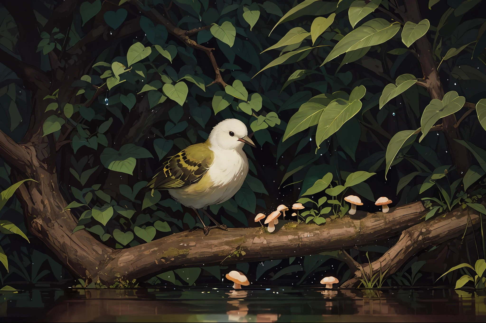 Masterpiece, macro photo of a bird drinking water in the forest, dusk, mushrooms, dewdrops, high contrast, Studio Ghibli style, highly complex, highly detailed, photorealistic style