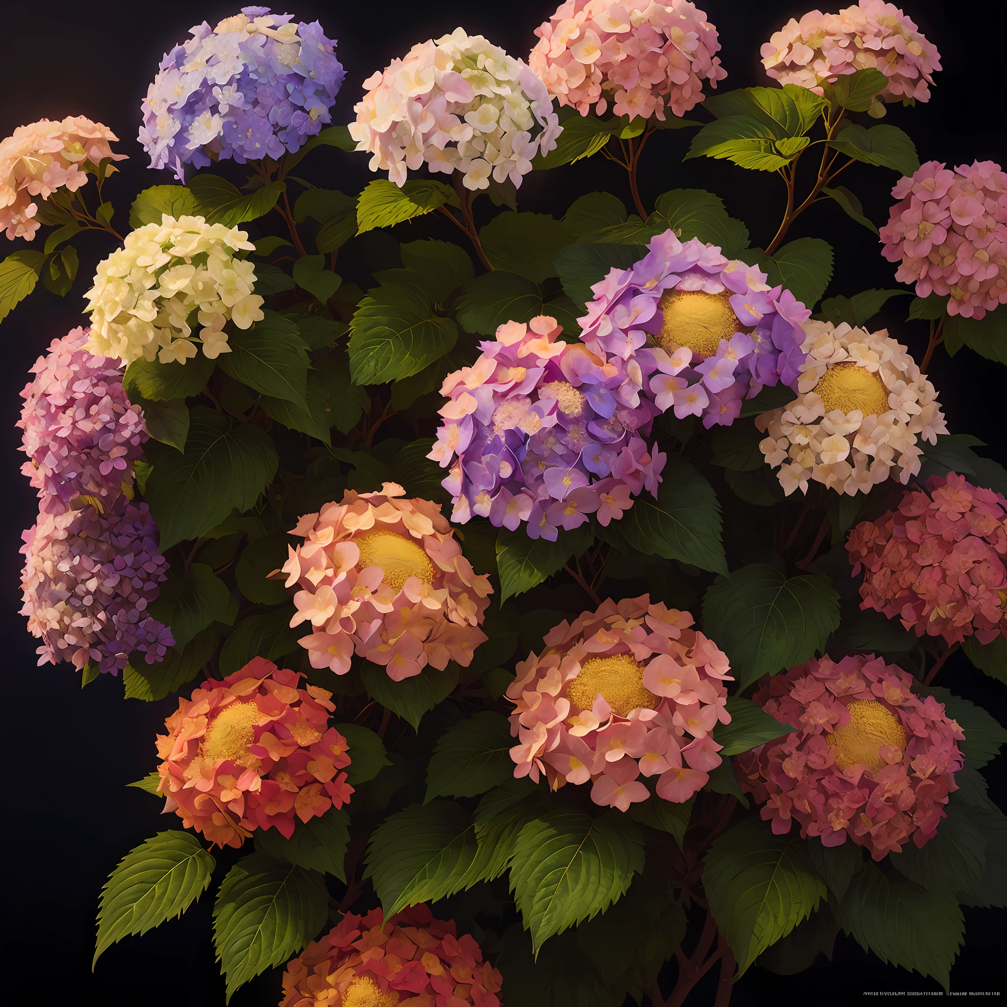 A flower by Casey Weldon, Olga Kvasha, Miho Hirano, hyperdetailed intricately detailed gothic art trending on Artstation triadic colors Unreal Engine 5 detailed matte painting, deep color, fantastical, intricate detail, splash screen, complementary colors, fantasy concept art, 8k resolution, gothic deviantart masterpiece, (dark shot:0.9), art by greg rutkowski and artgerm, soft cinematic light, adobe lightroom, photolab, hdr, intricate, highly detailed,  Hydrangea