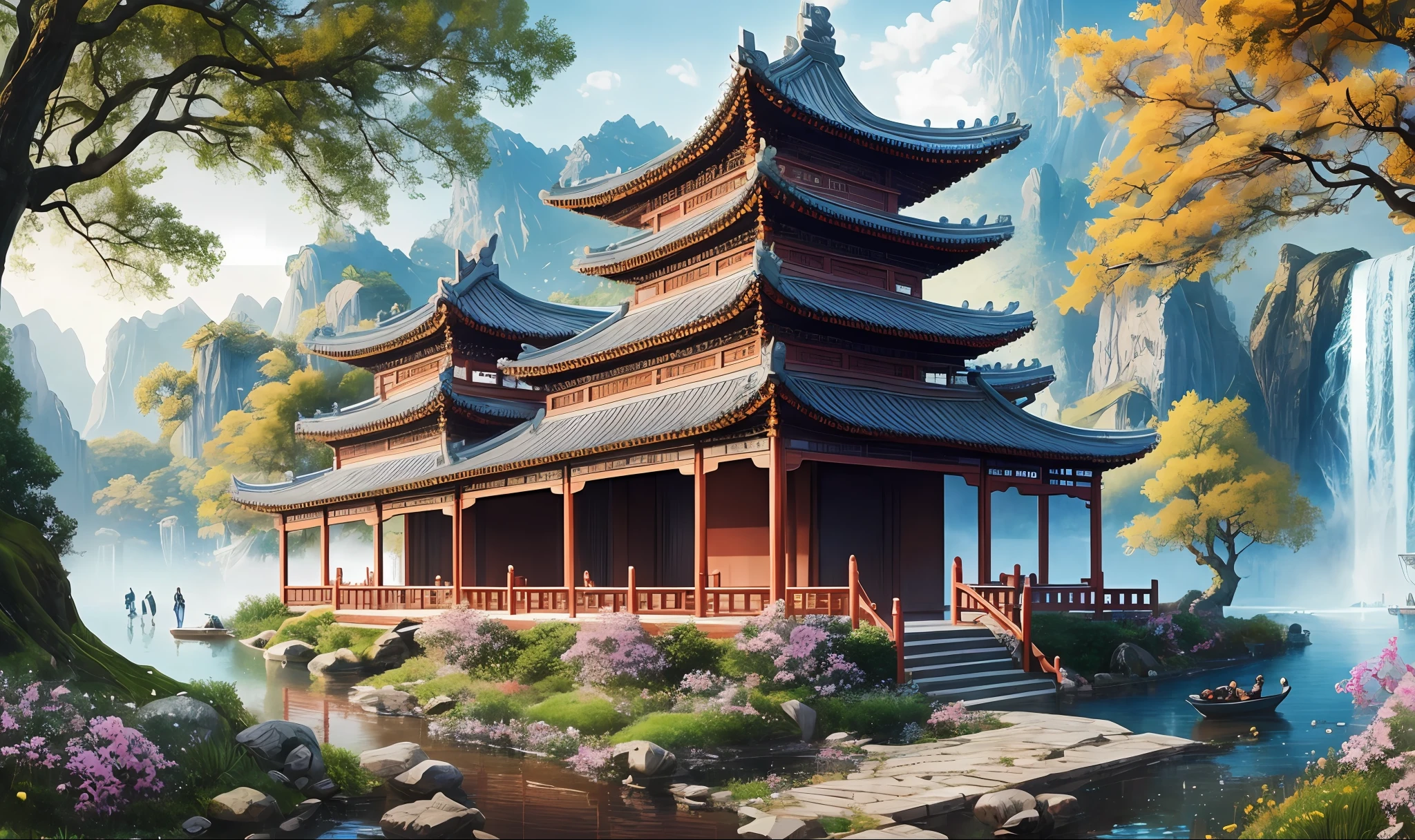 Masterpiece, best quality, high quality, extremely detailed CG unity 8k wallpaper, classical Chinese garden, landscape, amsterdam, pedestrian, outdoor, sky, daytime, landscape, water, tree, blue sky, waterfall, nature, lake, river, cloudy sky, award winning photography, bokeh, depth of field, HDR, bloom, chromatic aberration, realism, very detailed, trends on artstation, trends on CGsociety, intricate, high detail, dramatic, Midjourney art