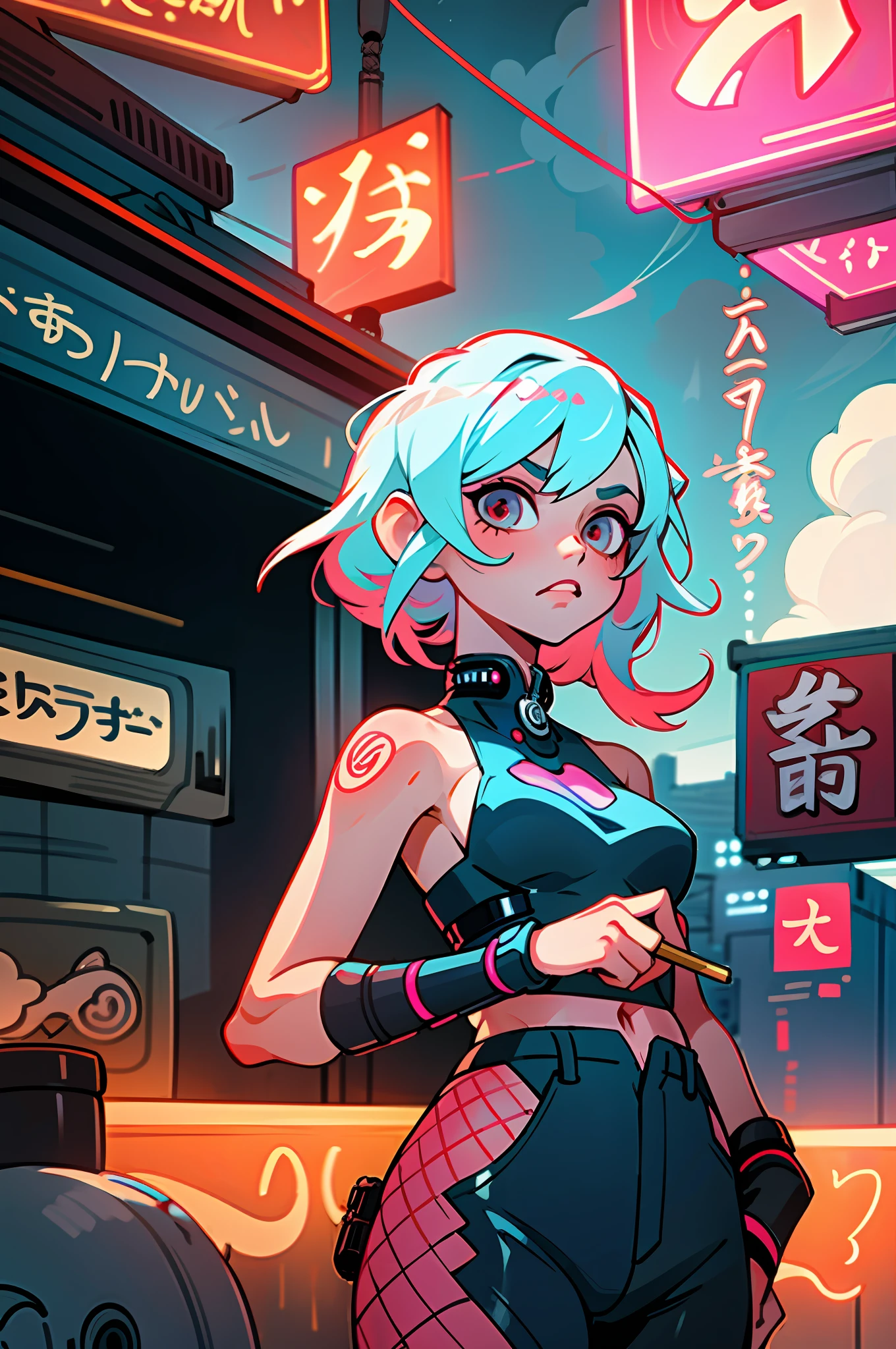 (best quality, masterpiece), 1girl, cyberpunk, neon, cloudy sky, (cartoon: 1.5), sexy, string, big breast, tight, petite, small, neon signs, ramen shop, crop stop, fish net