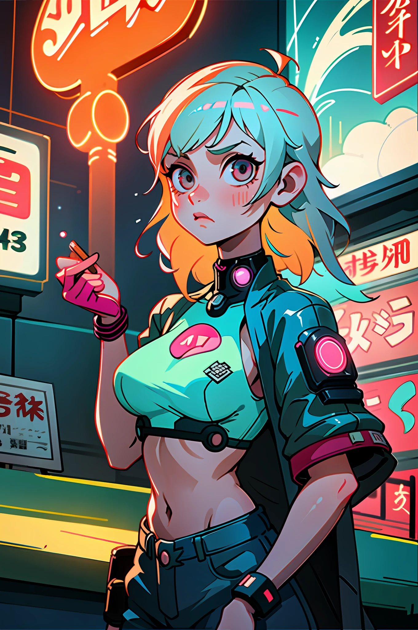 (best quality, masterpiece), 1girl, cyberpunk, neon, cloudy sky, (cartoon: 1.5), sexy, string, big breast, tight, petite, small, neon signs, ramen shop, crop stop, fish net