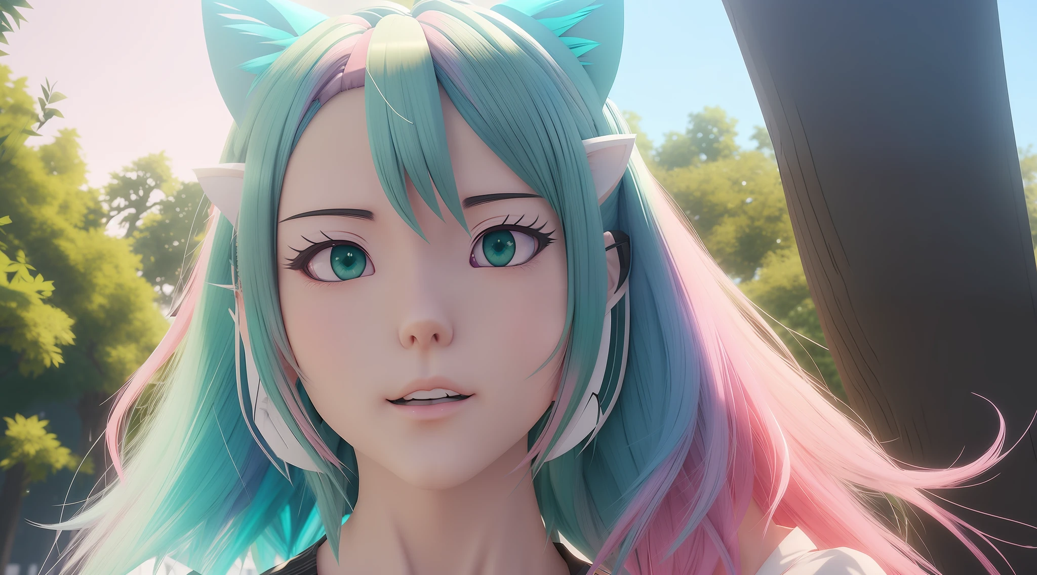 araffe with blue and green hair and a cat ears, realistic anime 3 d style, kawaii realistic portrait, anime styled 3d, 3 d anime realistic, anime style. 8k, artwork in the style of guweiz, render of a cute 3d anime girl, pink twintail hair and cyan eyes, realistic anime artstyle, anime realism style