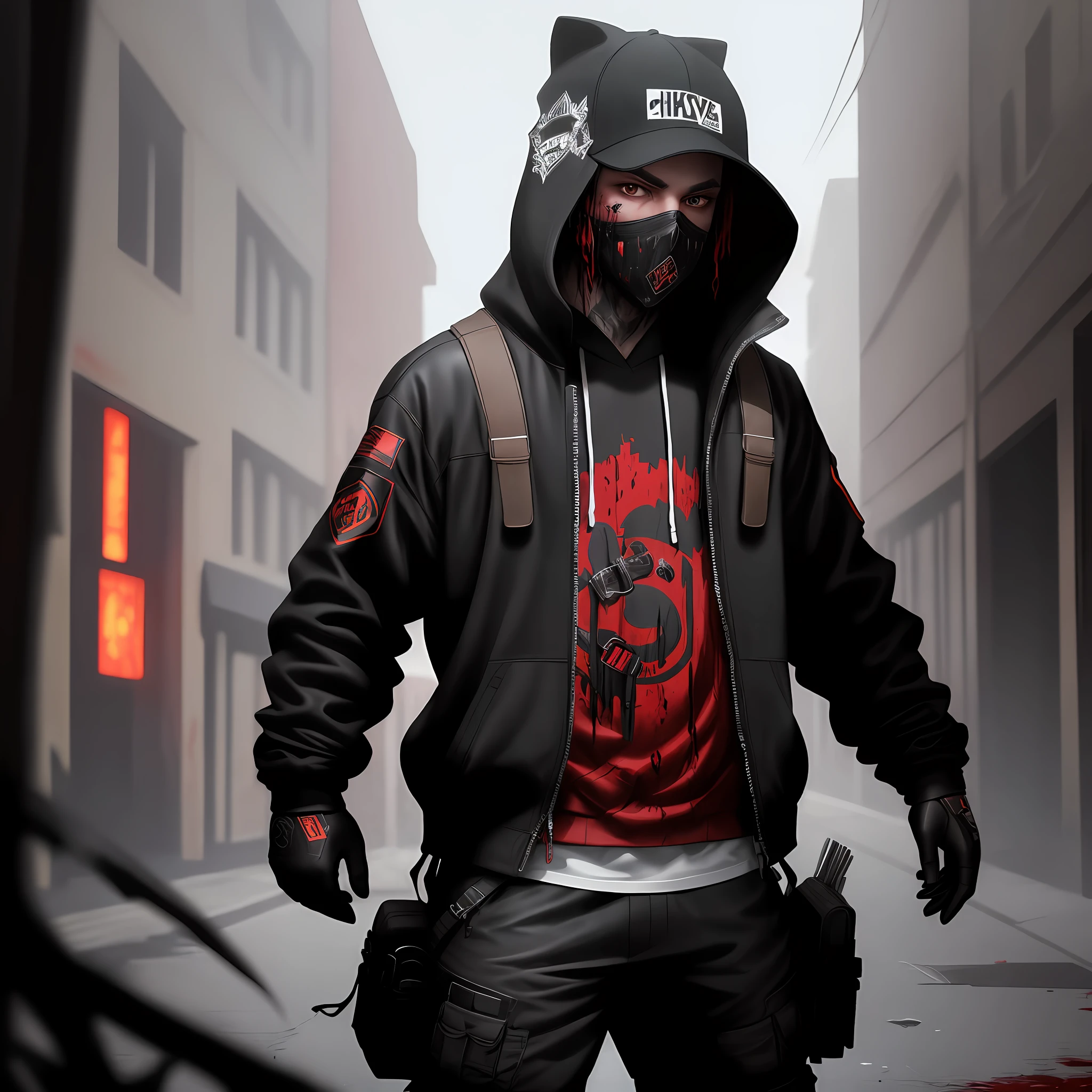 A shadowy character wearing streetwear is covered in blood after killing monsters to save their city.