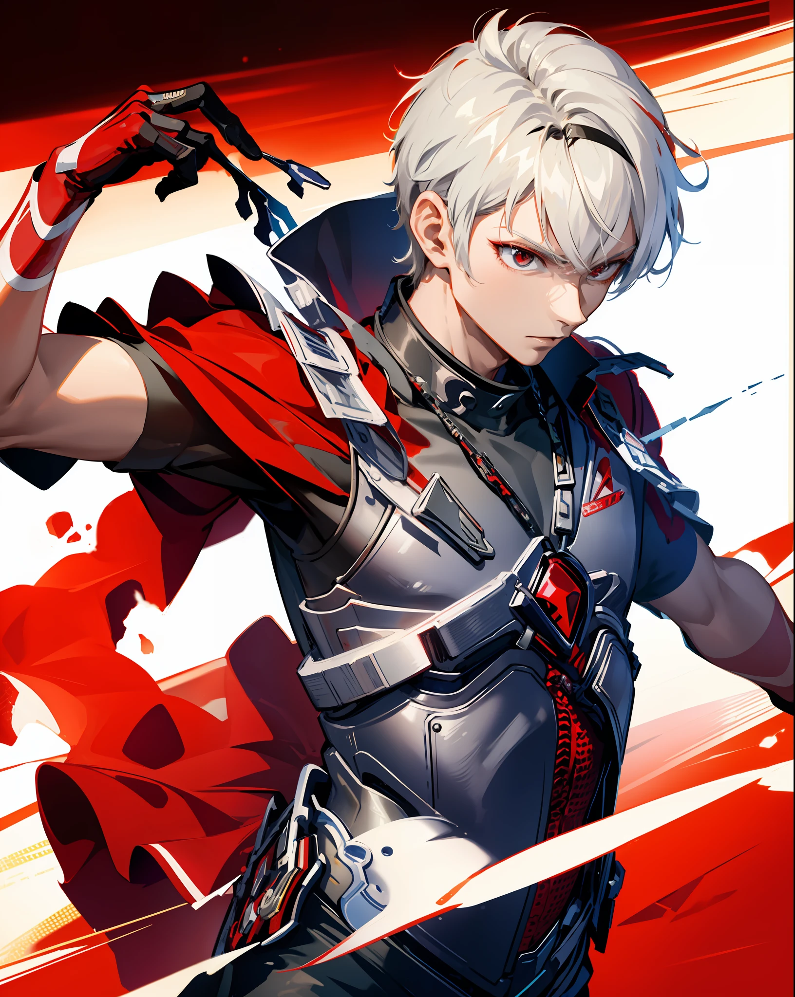 masterpiece, best quality, 1 KAMEN RAIDER, red and black armor, red and black bodysuit, full body , bald, mechanical arms, male focus, science fiction, solo, standing, simple background