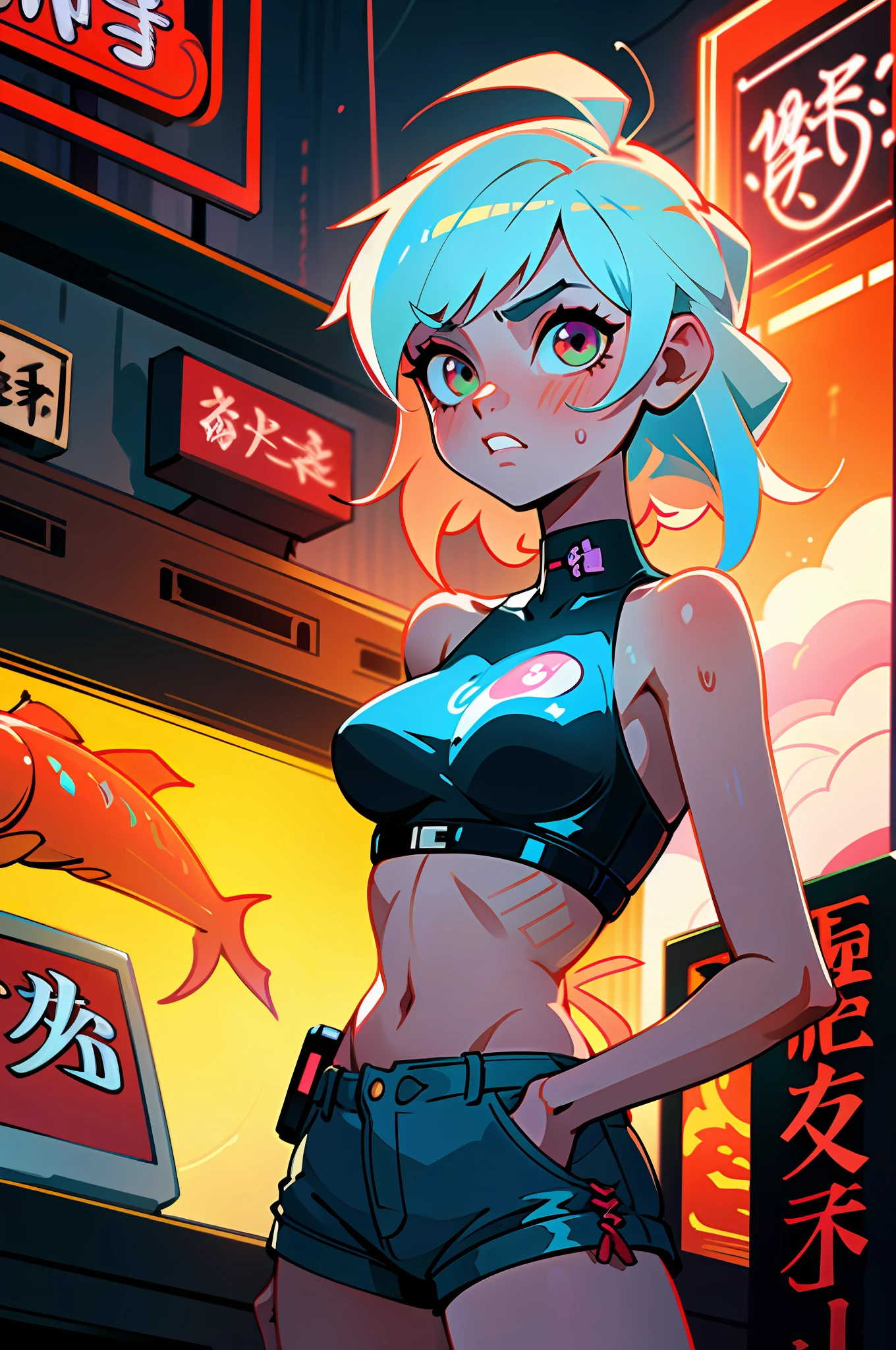 (best quality, masterpiece), 1girl, cyberpunk, neon, cloudy sky, (cartoon: 1.5), sexy, string, big breast, tight, petite, small, neon signs, ramen shop, crop top, fish net