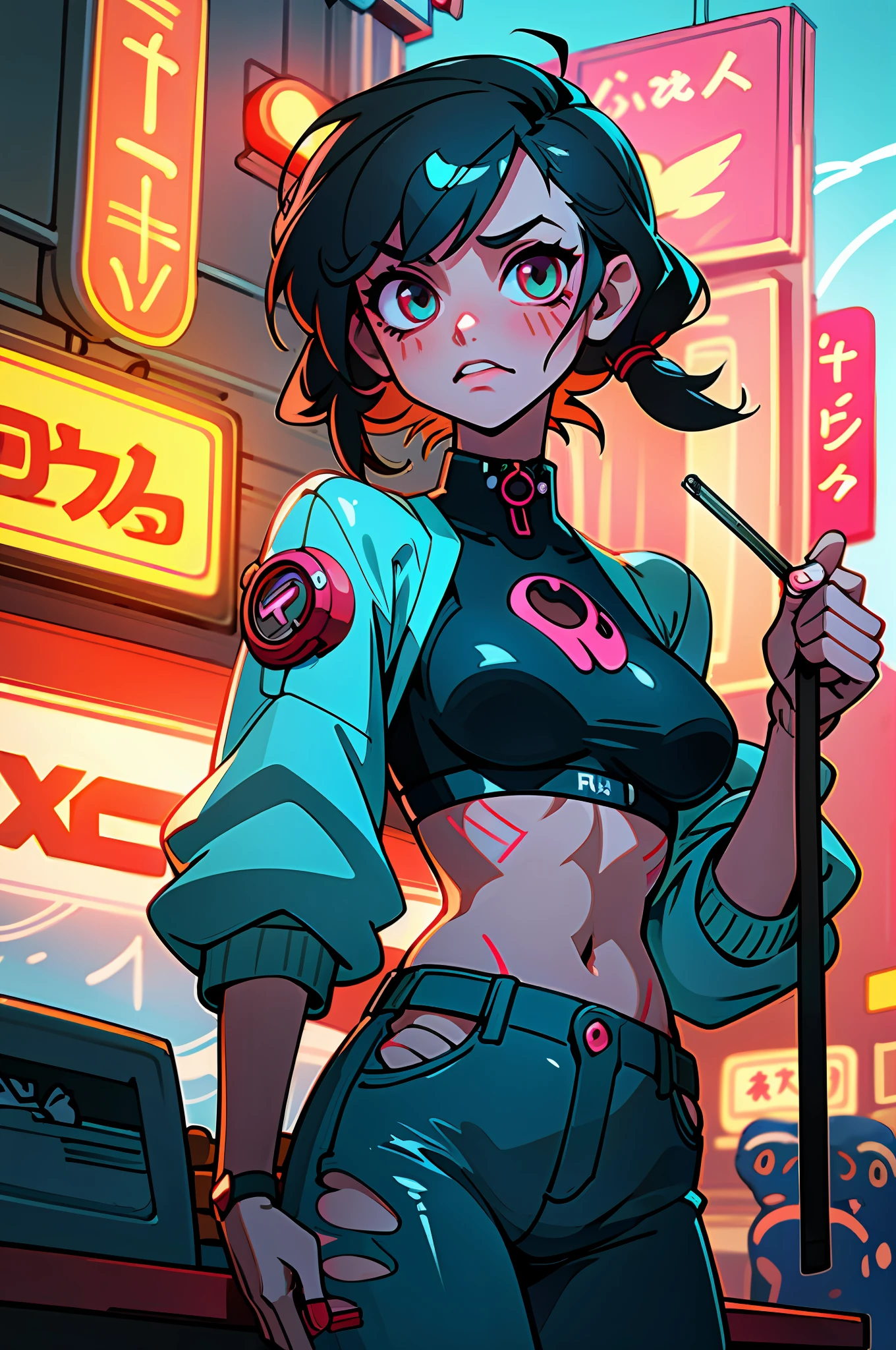 (best quality, masterpiece), 1girl, cyberpunk, neon, cloudy sky, (cartoon: 1.5), sexy, string, big breast, tight, petite, small, neon signs, ramen shop, crop top, fish net
