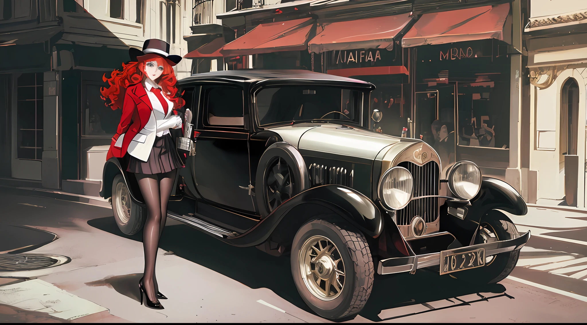 in anime style, masterpiece, pale skin, red lips, light eyes, eyeshadow, front shot a beautiful red-haired woman with medium curly hair standing on the street holding a gun Thompson drum M1928A1, behind her a 1928 Cadillac Town Sedan green, she wears a mafia suit with red and black colors, Skirt and jacket slung over the shoulders in mafia style, vest, mafia hat, garter holder and heels, very detailed body, detailed car and clothes, chiaroscuro, natural daylight, highly detailed, her and the car focused on the image