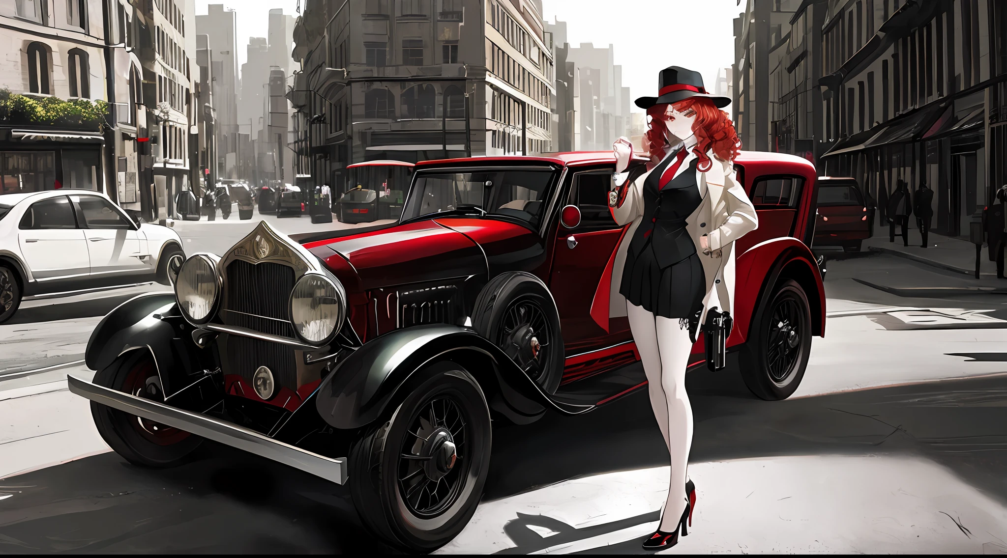 in anime style, masterpiece, pale skin, red lips, light eyes, eyeshadow, front shot a beautiful red-haired woman with medium curly hair standing on the street holding a gun Thompson drum M1928A1, behind her a 1928 Cadillac Town Sedan green, she wears a mafia suit with red and black colors, Skirt and jacket slung over the shoulders in mafia style, vest, mafia hat, garter holder and heels, very detailed body, detailed car and clothes, chiaroscuro, natural daylight, highly detailed, her and the car focused on the image