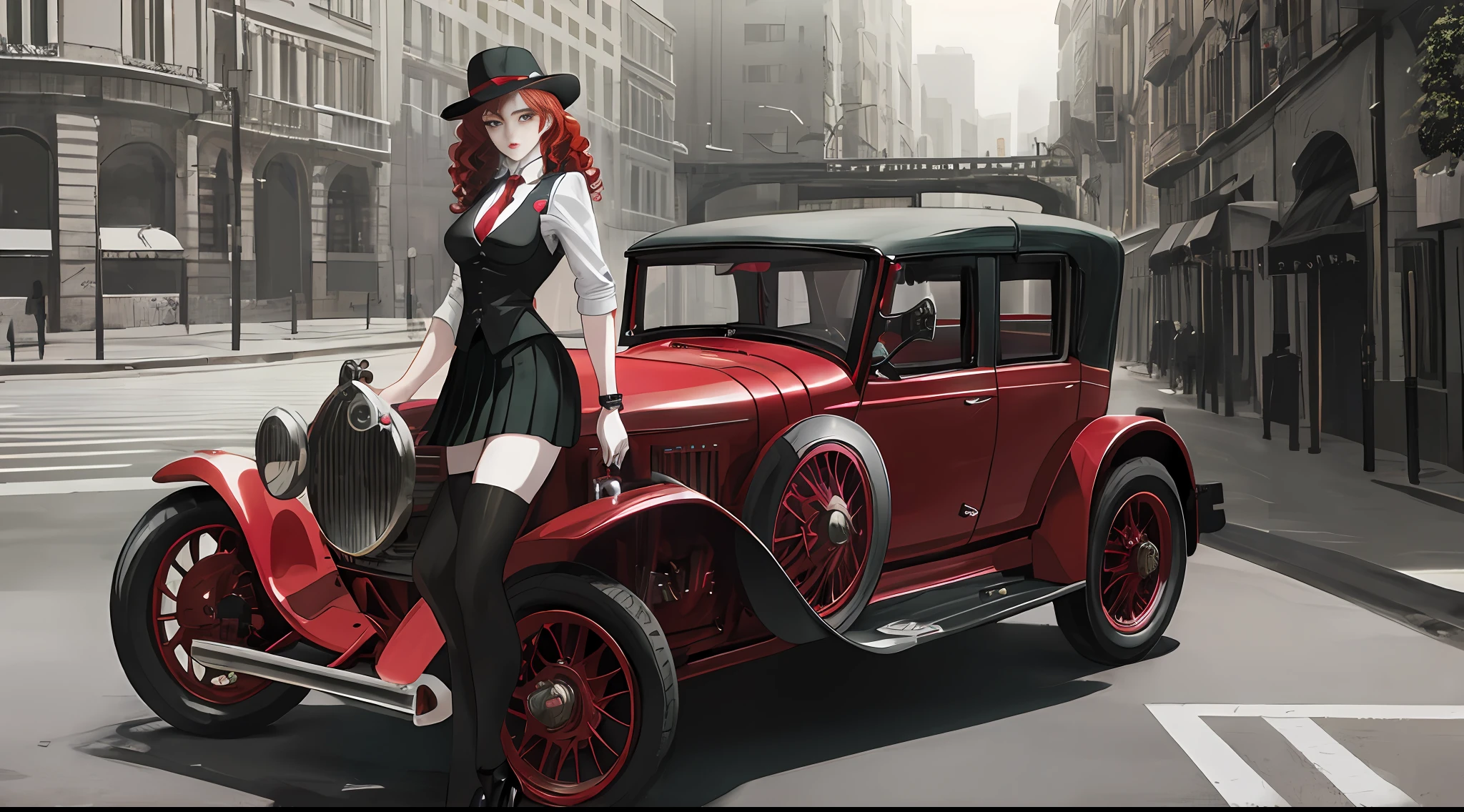 in anime style, masterpiece, pale skin, red lips, light eyes, eyeshadow, front shot a beautiful red-haired woman with medium curly hair standing on the street holding a gun Thompson drum M1928A1, behind her a 1928 Cadillac Town Sedan green, she wears a mafia suit with red and black colors, Skirt and jacket slung over the shoulders in mafia style, vest, mafia hat, garter holder and heels, very detailed body, detailed car and clothes, chiaroscuro, natural daylight, highly detailed, her and the car focused on the image