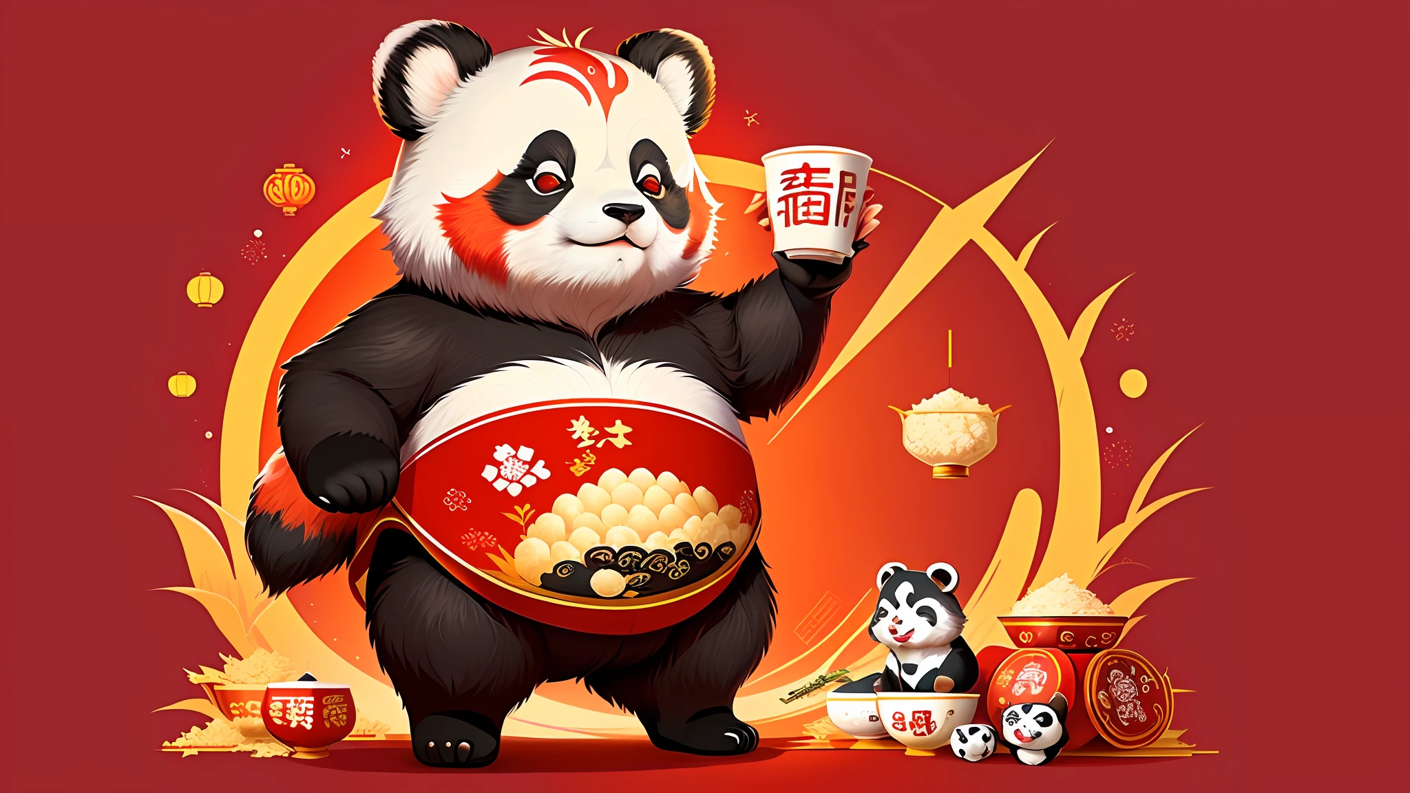 cartoon panda with a lot of food on a red background, mapo tofu cartoon, red panda on a propaganda poster, panda panda panda, inspired by Luo Ping, a beautiful artwork illustration, hand painted cartoon art style, negao, bian lian, inspired by Luo Mu, 中 国 鬼 节, chinese new year in shanghai