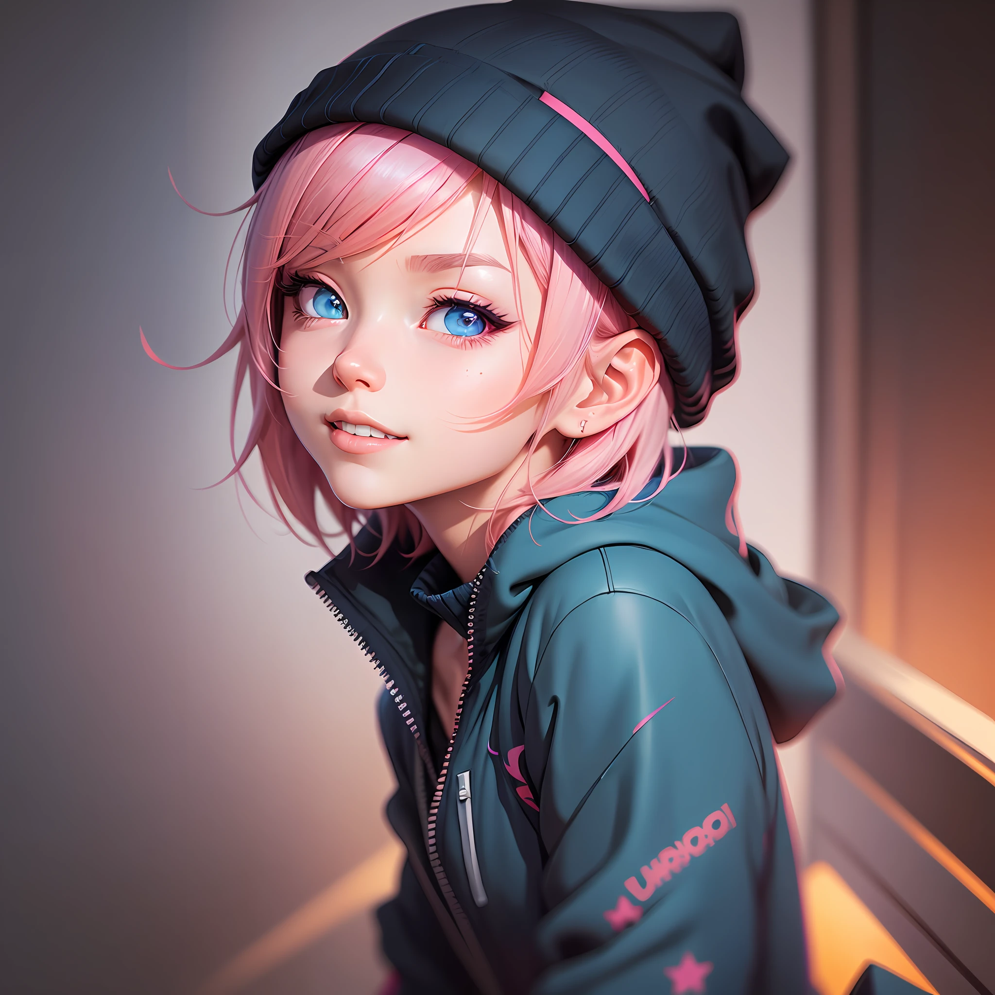 a detailed portrait of a beautiful pink haired (anime) girl, short hair, close up, wearing a blue beanie, wearing a blue jacket, black shirt collar, blue eyes, smirk smile, seductive gaze, ( neck tatoos:1.1), masterpiece, high quality, art by artgerm, sakimichan, Taejune Kim, pixiv, krenz cushart, ilya kuvshinov, Goro Fujita, Cyril Rolando, (black background), saturated colors, (sharp edges) (masterpiece, top quality, best quality)