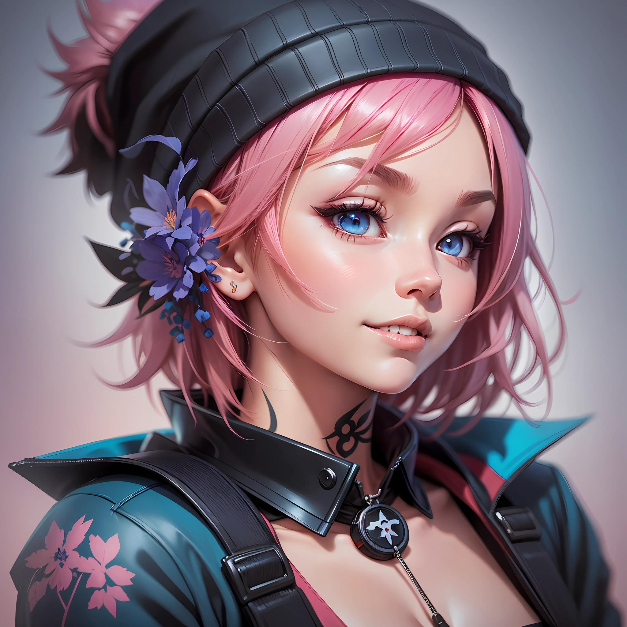 a detailed portrait of a beautiful pink haired (anime) girl, short hair, close up, wearing a blue beanie, wearing a blue jacket, black shirt collar, blue eyes, smirk smile, seductive gaze, ( neck tatoos:1.1), masterpiece, high quality, art by artgerm, sakimichan, Taejune Kim, pixiv, krenz cushart, ilya kuvshinov, Goro Fujita, Cyril Rolando, (black background), saturated colors, (sharp edges) (masterpiece, top quality, best quality)