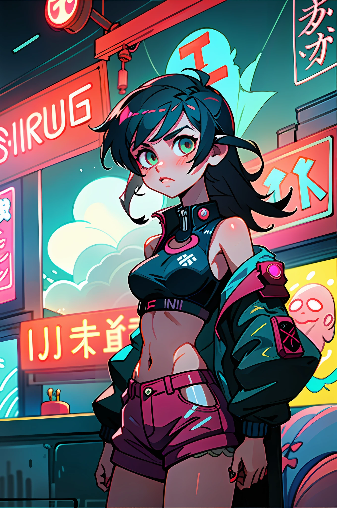 (best quality, masterpiece), 1girl, cyberpunk, neon, cloudy sky, (cartoon: 1.5), sexy, string, big breast, tight, petite, small, neon signs, ramen shop, crop top, fish net, really low waist, transparent,
