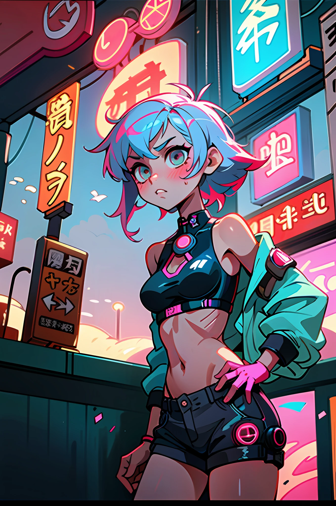 (best quality, masterpiece), 1girl, cyberpunk, neon, cloudy sky, (cartoon: 1.5), sexy, string, big breast, tight, petite, small, neon signs, ramen shop, crop top, fish net, really low waist, transparent,