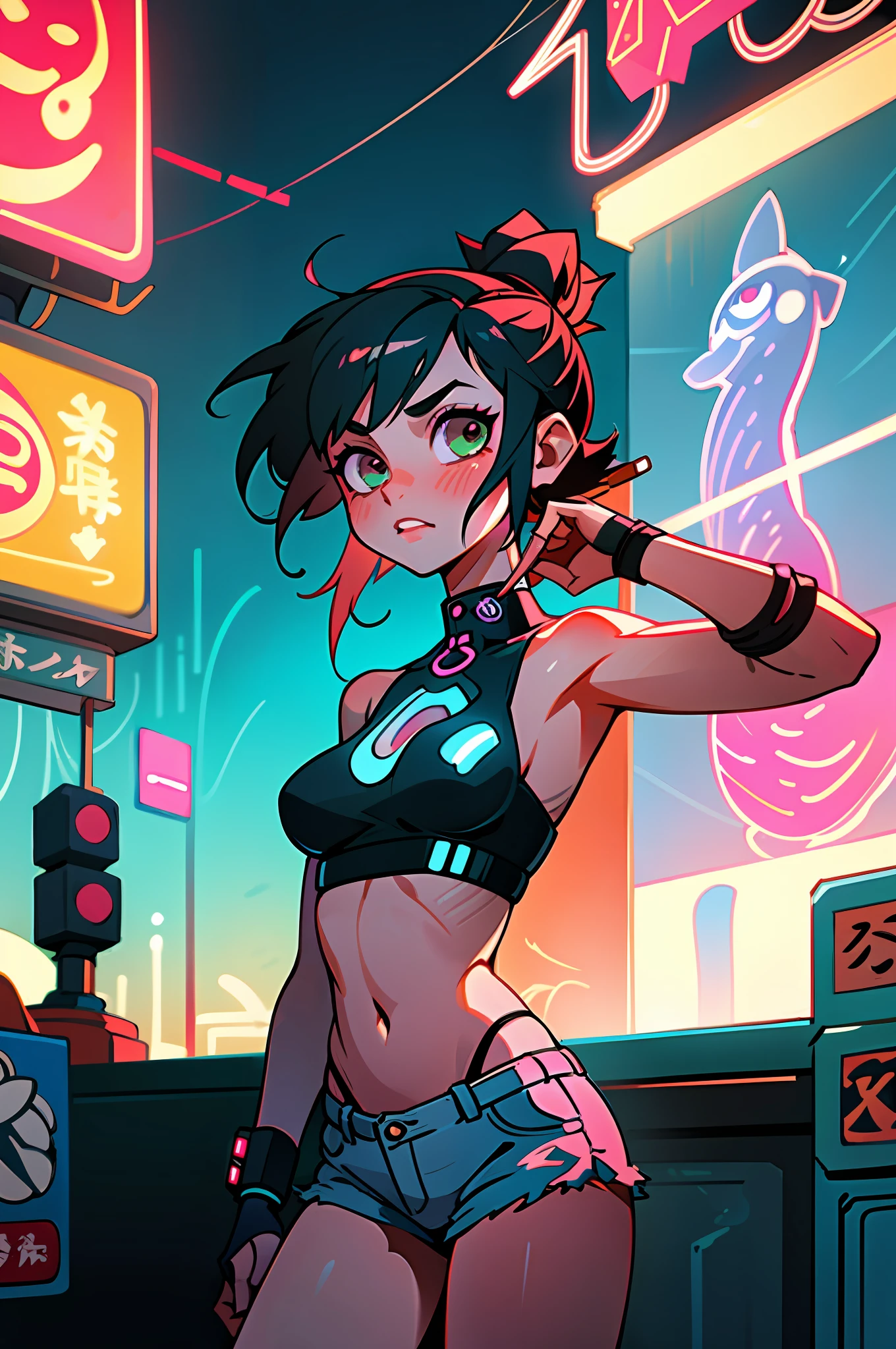 (best quality, masterpiece), 1girl, cyberpunk, neon, cloudy sky, (cartoon: 1.5), sexy, string, big breast, tight, petite, small, neon signs, ramen shop, crop top, fish net, really low waist, transparent,