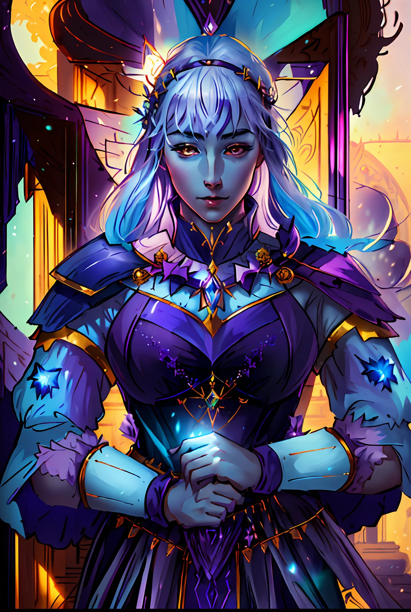 A closeup of a white woman in a purple dress with a bow, knights portrait of the zodiac girl, portrait of a female magician, painted in the arcane style, epic fantasy art style, vibrant RossDraw Cartoon, in opal armor, exquisite character epic art, epic costume digital art style, ice queen and storm,  :: Rossdraws, full art illustration (8k, RAW photo, best quality, masterpiece: 1.2), dnd fantasy art, high quality fantasy art, rpg game art, d& d digital painting, dnd card art, high quality, 8k resolution, masterpiece, best quality, facial details, cinematic lighting, UHD