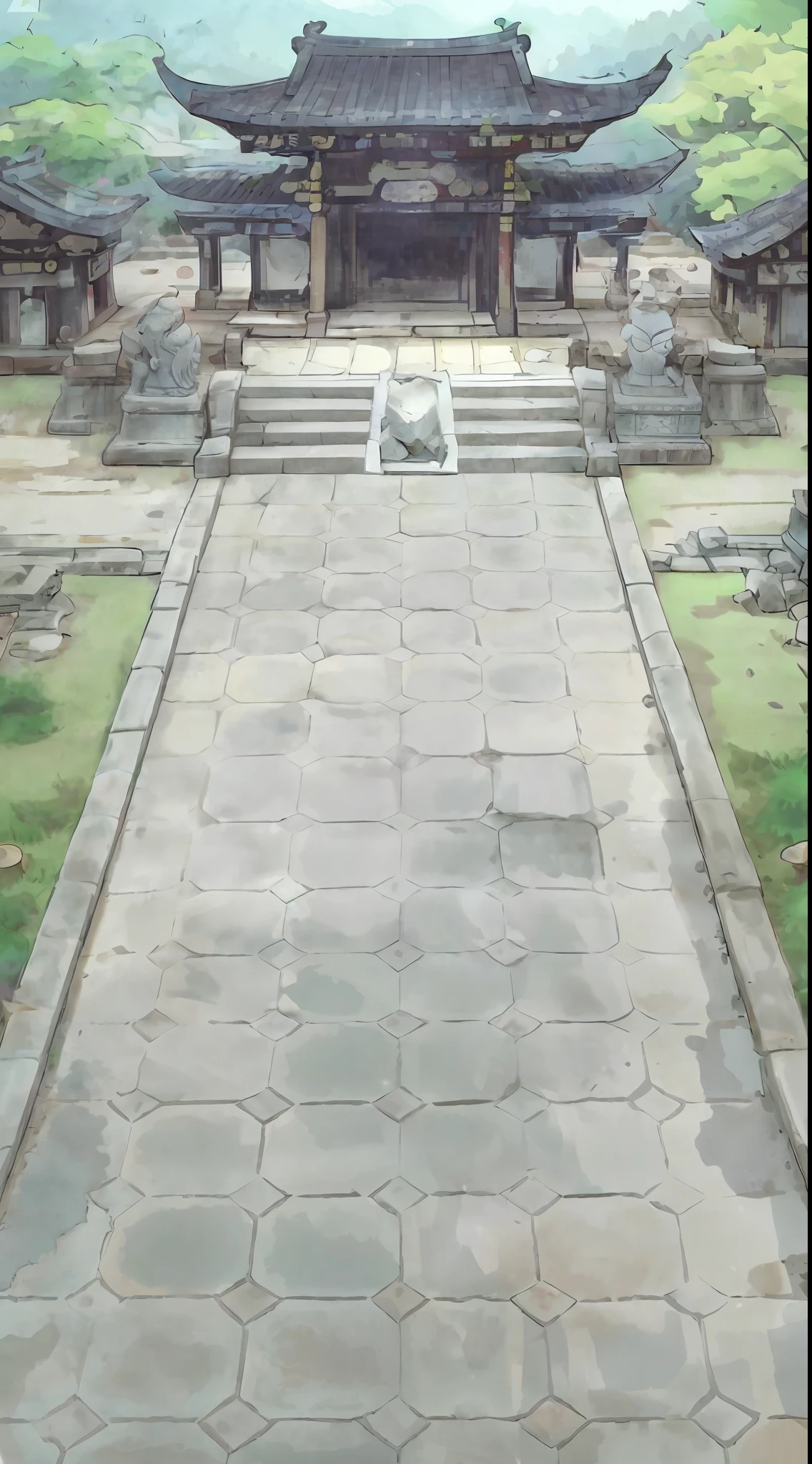 there is a cartoon picture of a japanese temple with a stone walkway, temple background, palace background, background depicting a temple, royal garden background, ancient ruins background, anime background art, zen temple background, background art, mobile game background, park background, arena background, dungeon background, odin's stone arena background, town center background, rpg background, background is the ruins