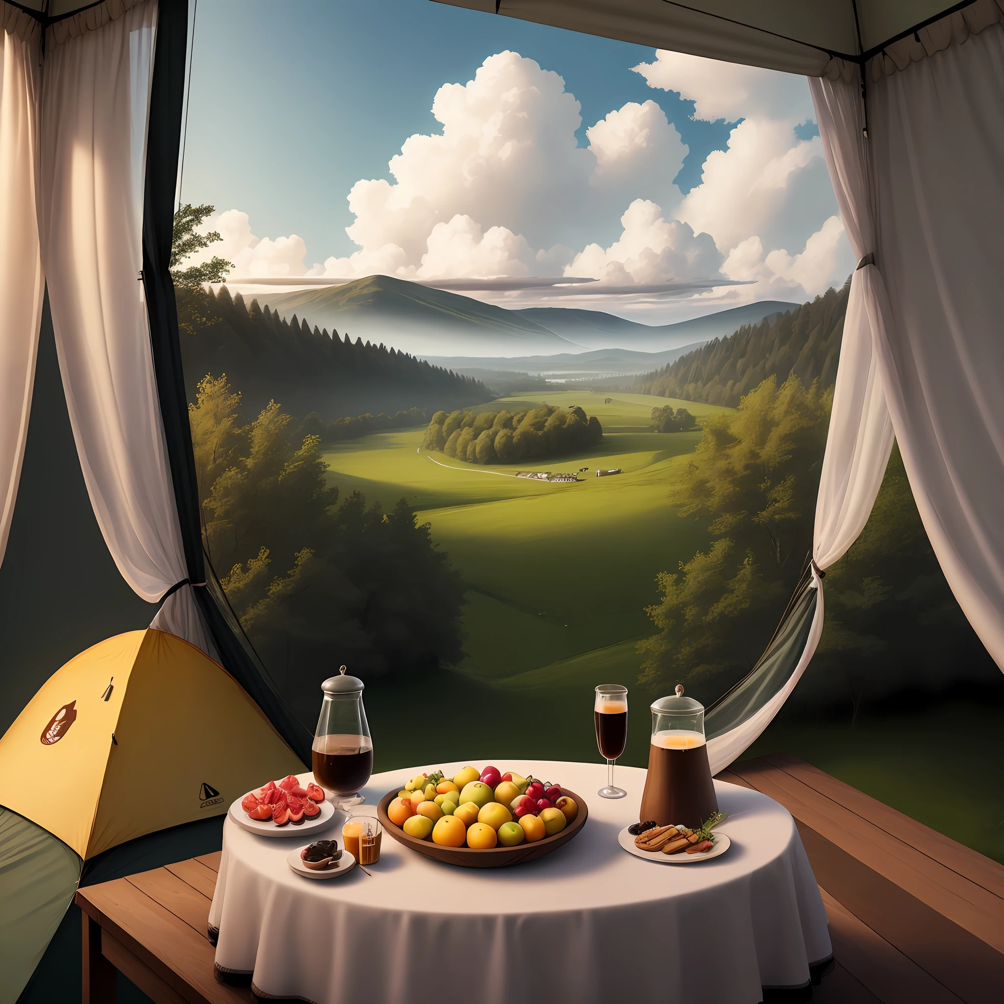 Hyper-real, with woods in the background, clouds in the sky, tents in the meadows, and a table with fruit and coffee on the table in the foreground