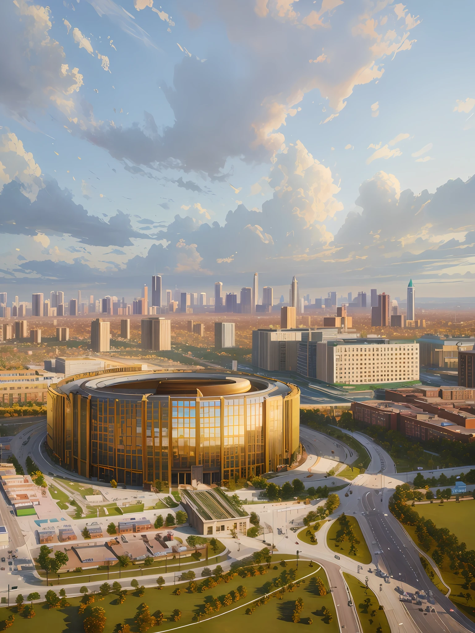 (digital painting), (best quality), popular deviant art, ultra-realistic 8k, soft colors, soft lighting, golden hour, calm atmosphere, a large building with a large roof in the center of the city,